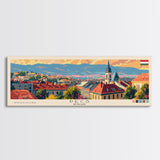 Pécs Hungary Panoramic Travel Poster, Framed Canvas Print or Metal Wall Art, Travel Art, Home Decor, Panoramic Painting, Midcentury Art