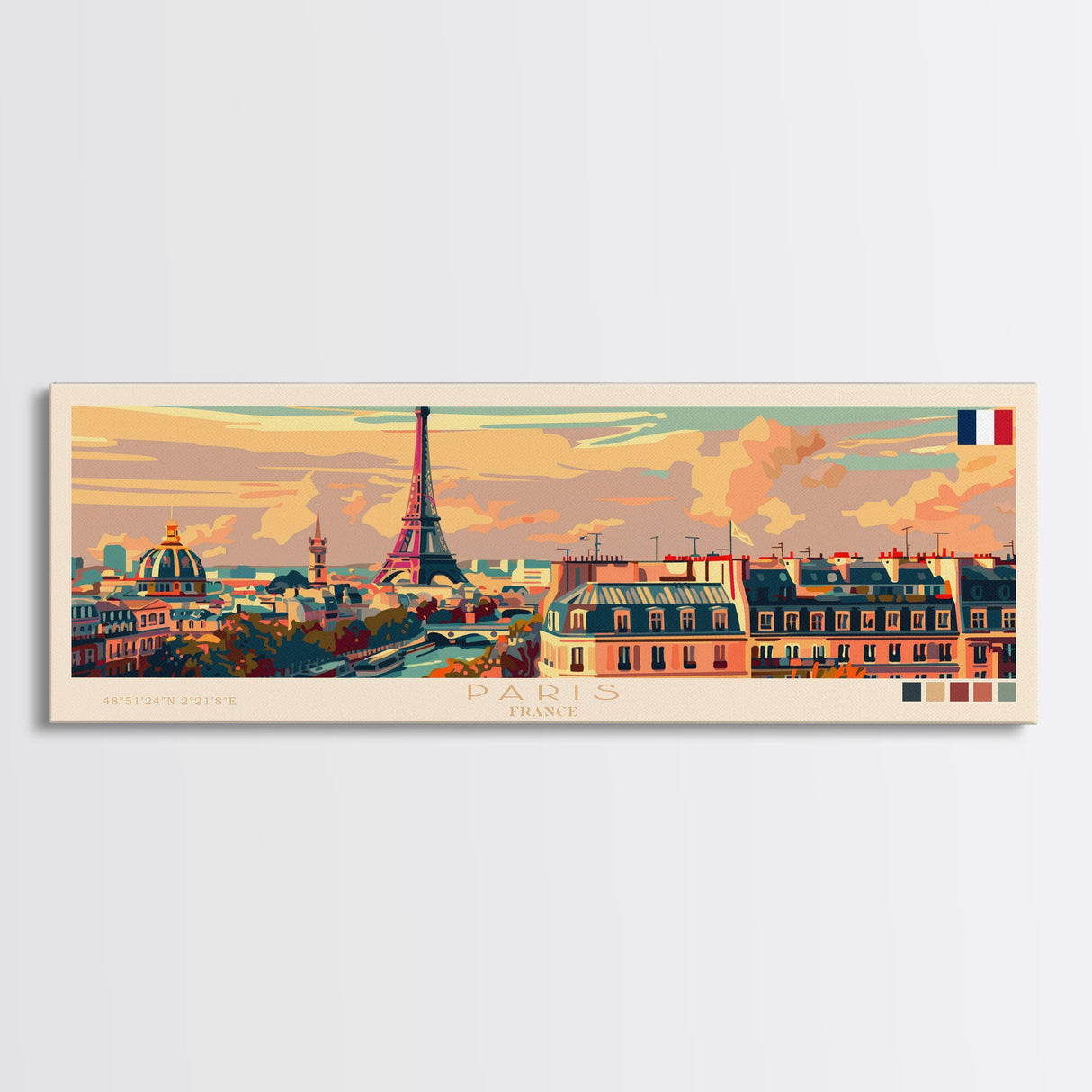 Paris France Panoramic Travel Poster, Framed Canvas Print or Metal Wall Art, Travel Art, Home Decor, Panoramic Painting, Midcentury Art