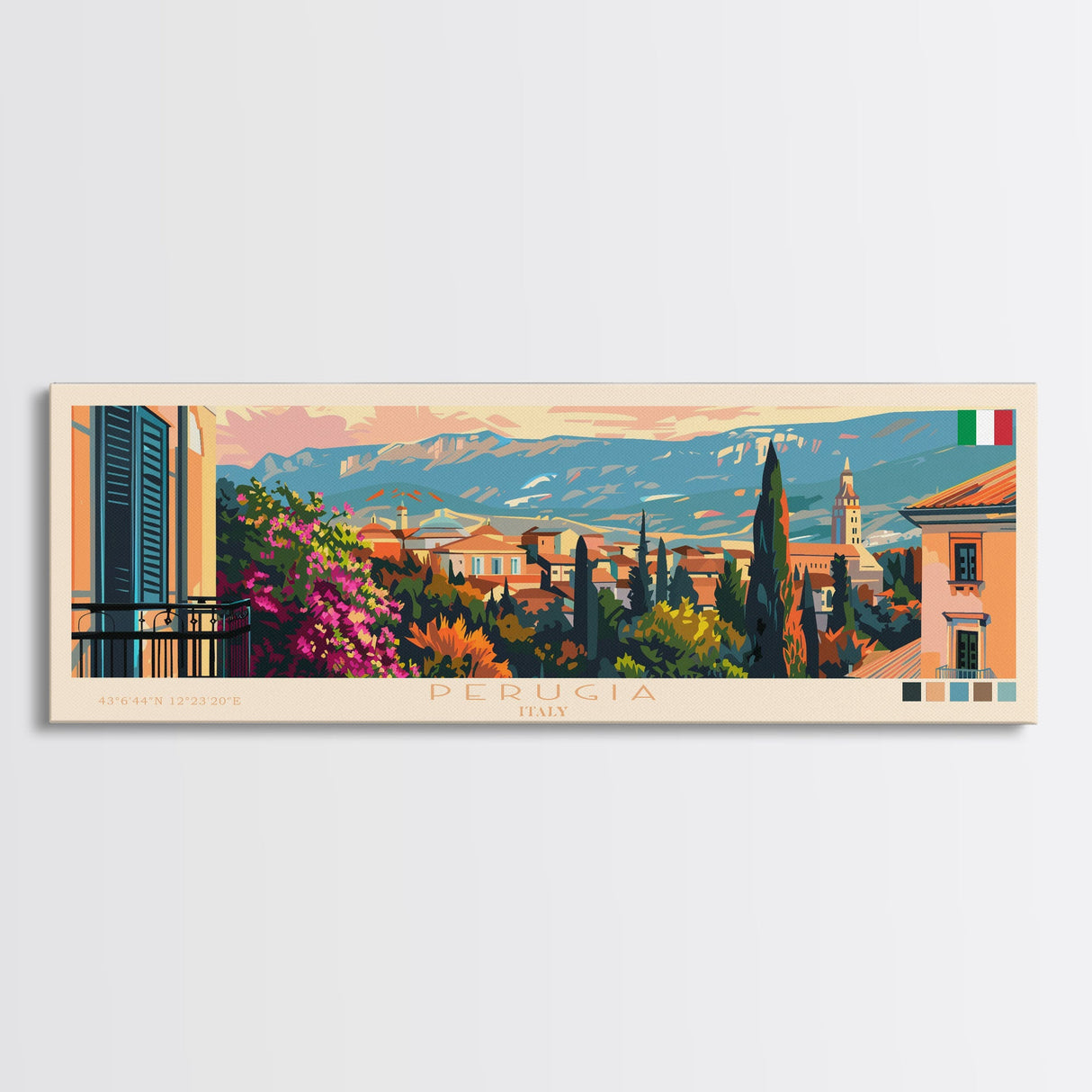 Perugia Italy Panoramic Travel Poster, Framed Canvas Print or Metal Wall Art, Travel Art, Home Decor, Panoramic Painting, Midcentury Art