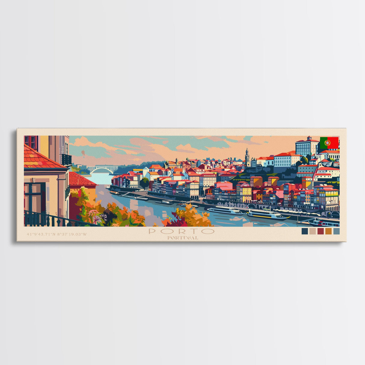 Porto Portugal Panoramic Travel Poster, Framed Canvas Print or Metal Wall Art, Travel Art, Home Decor, Panoramic Painting, Midcentury Art