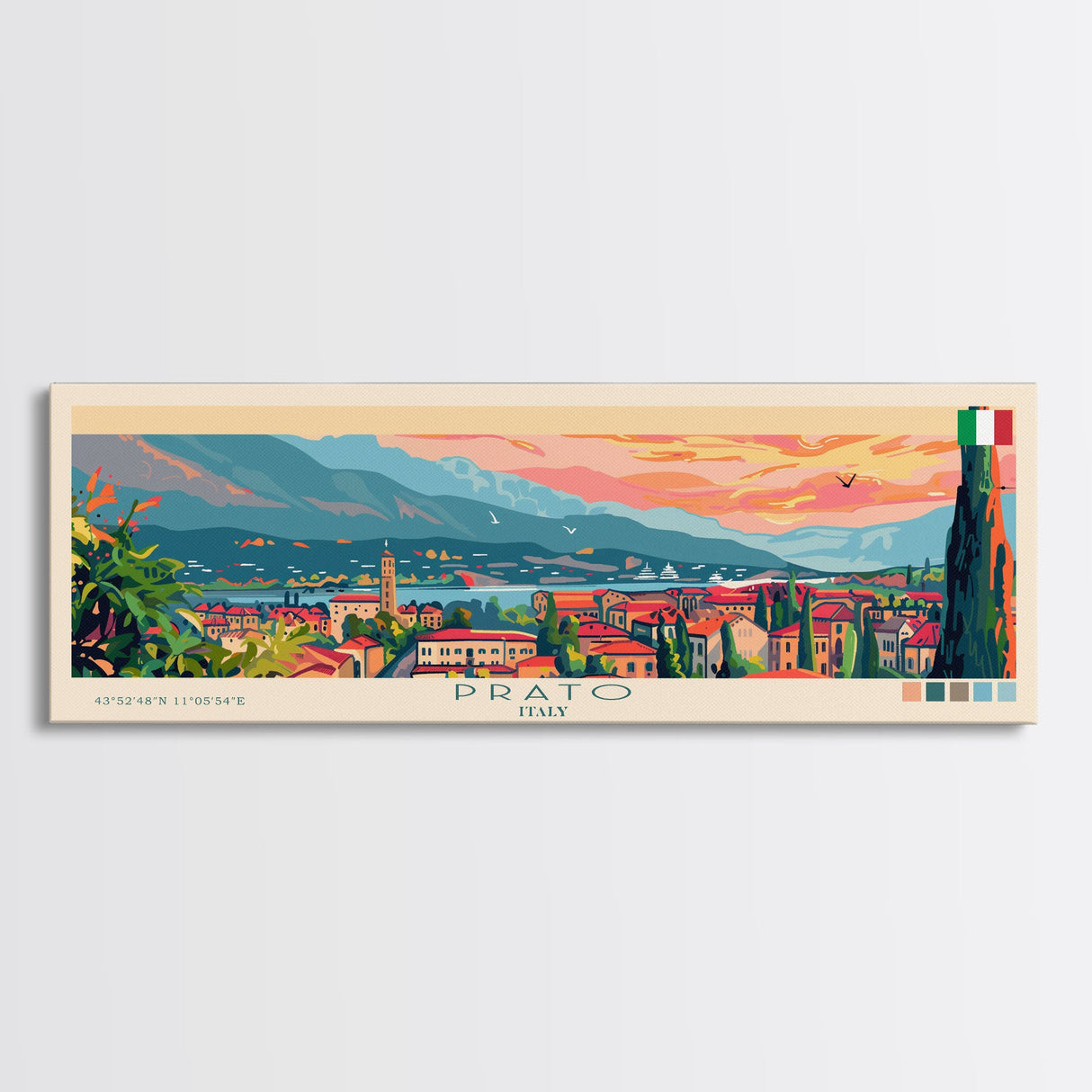 Prato Italy Panoramic Travel Poster, Framed Canvas Print or Metal Wall Art, Travel Art, Home Decor, Panoramic Painting, Midcentury Art