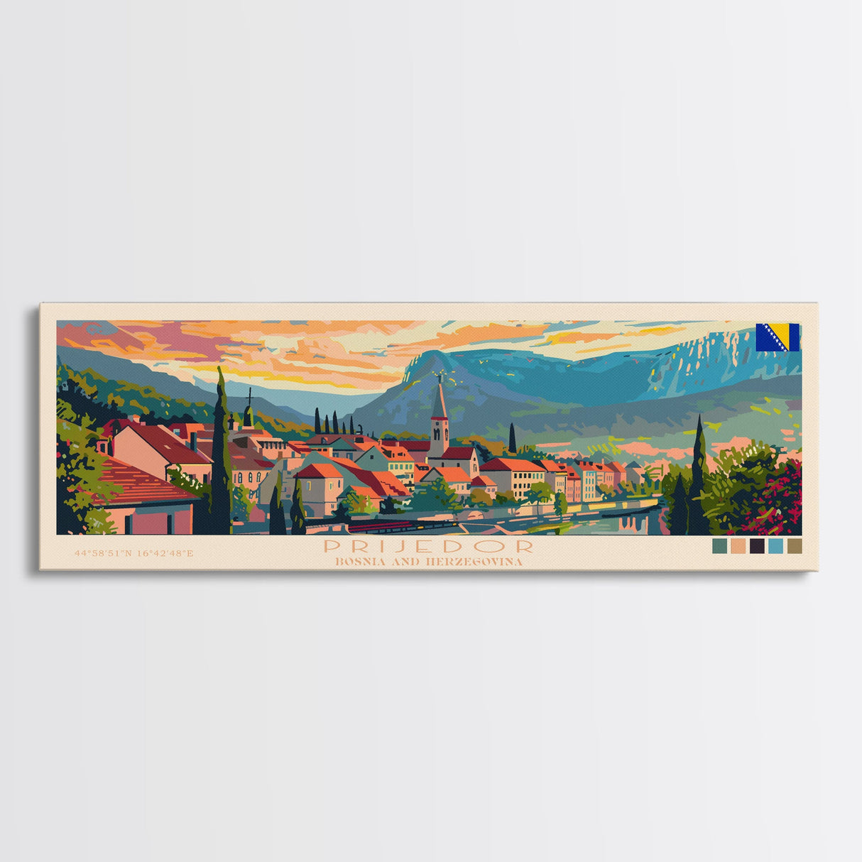 Prijedor Bosnia Travel Art, City Art, Framed Canvas Print or Metal Wall Art, Europe Travel Poster, Panoramic Wall Art, Extra Wide Wall Art