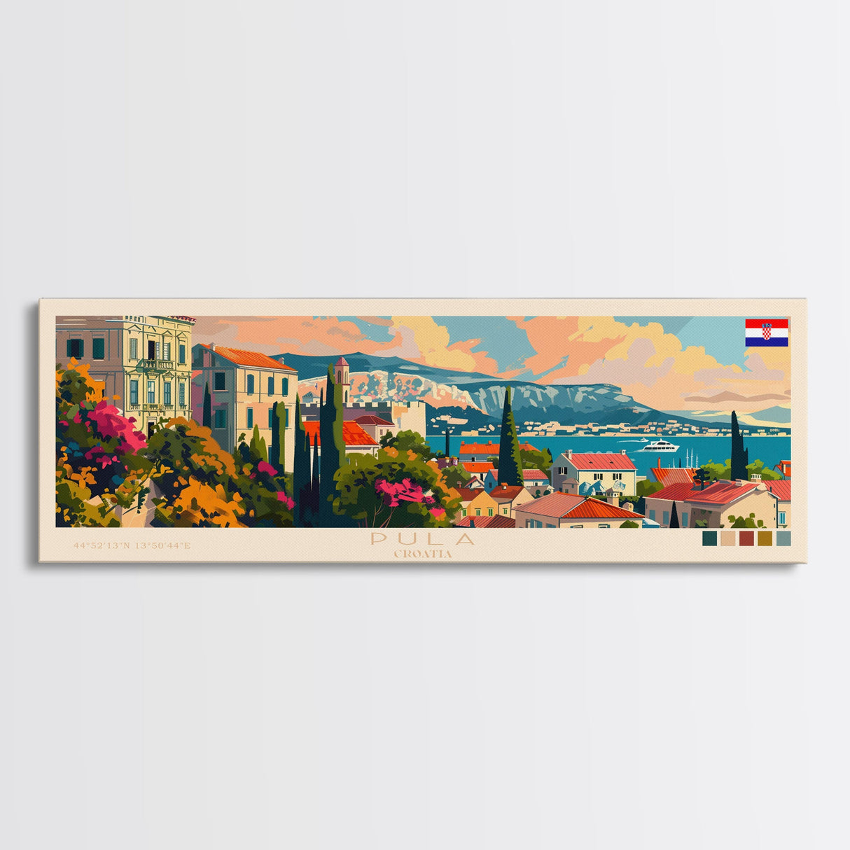 Pula Croatia Panoramic Travel Poster, Framed Canvas Print or Metal Wall Art, Travel Art, Home Decor, Panoramic Painting, Midcentury Art