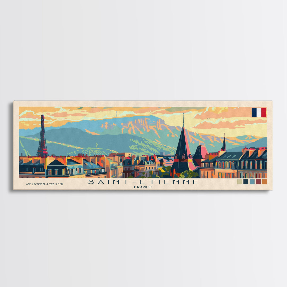 Saint Etienne France Panoramic Travel Poster, Framed Canvas Print or Metal Wall Art, Travel Art, Home Decor, Panoramic Painting, Midcentury Art