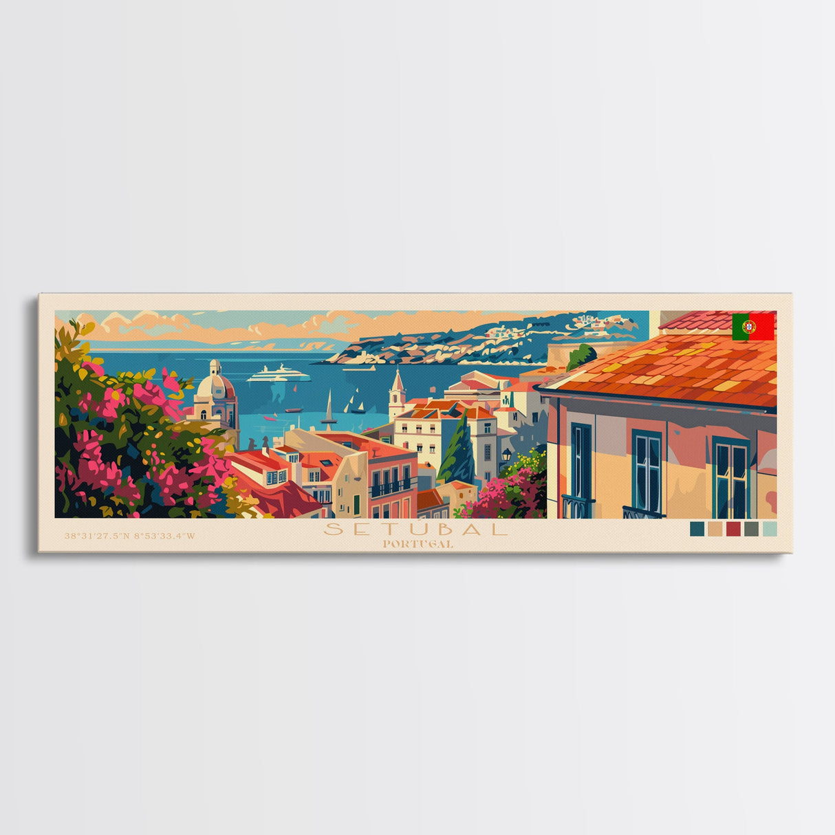 Setúbal Portugal Travel Print Wall Art, Panoramic City Art, Travel Art, Wall Decor, Vacation Gift, Framed Canvas Print Or Metal Art