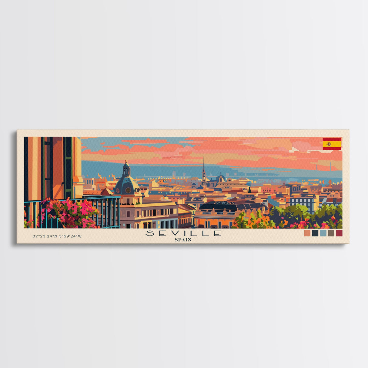 Seville Spain Panoramic Travel Poster, Framed Canvas Print or Metal Wall Art, Travel Art, Home Decor, Panoramic Painting, Midcentury Art