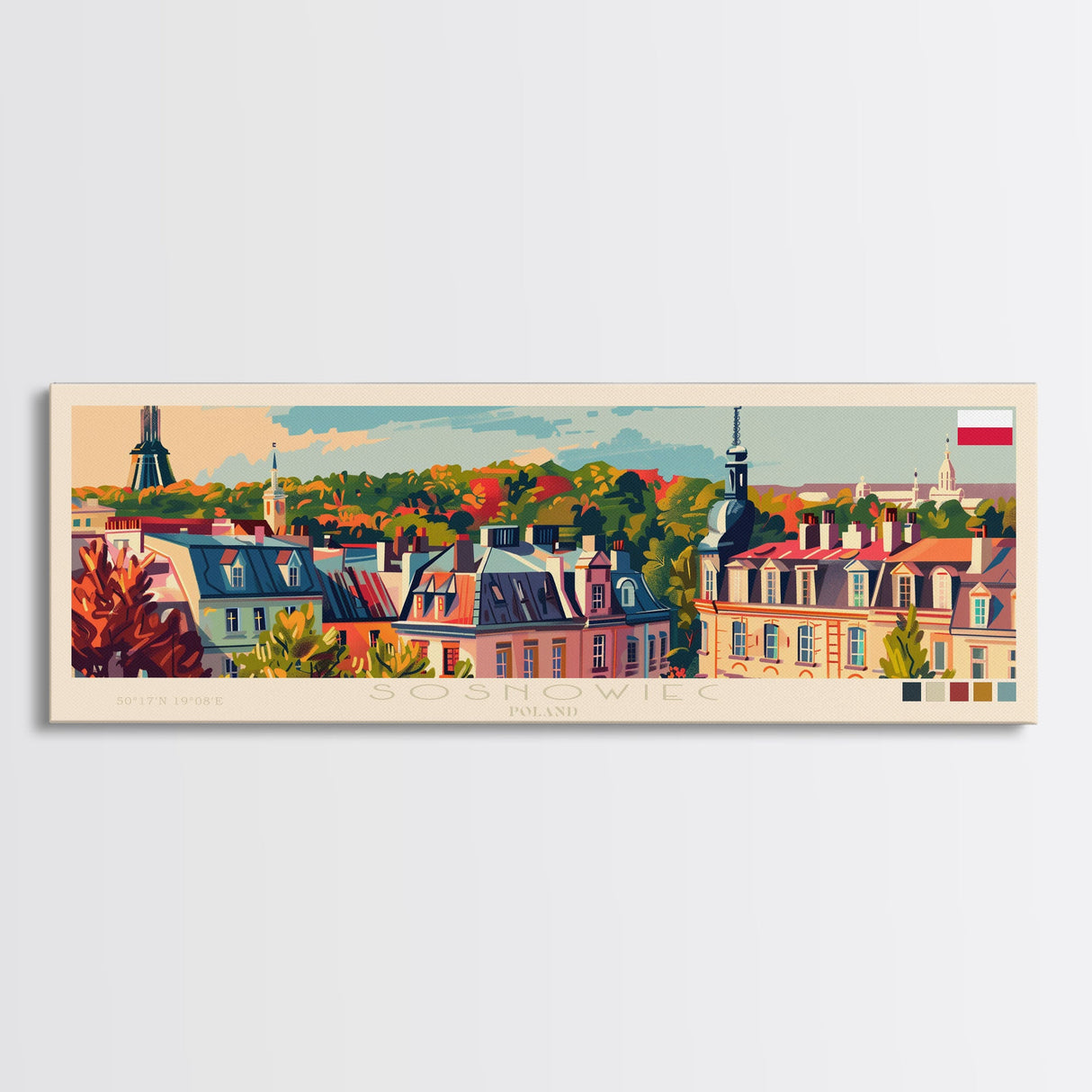 Sosnowiec Poland Panoramic Travel Poster, Framed Canvas Print or Metal Wall Art, Travel Art, Home Decor, Panoramic Painting, Midcentury Art