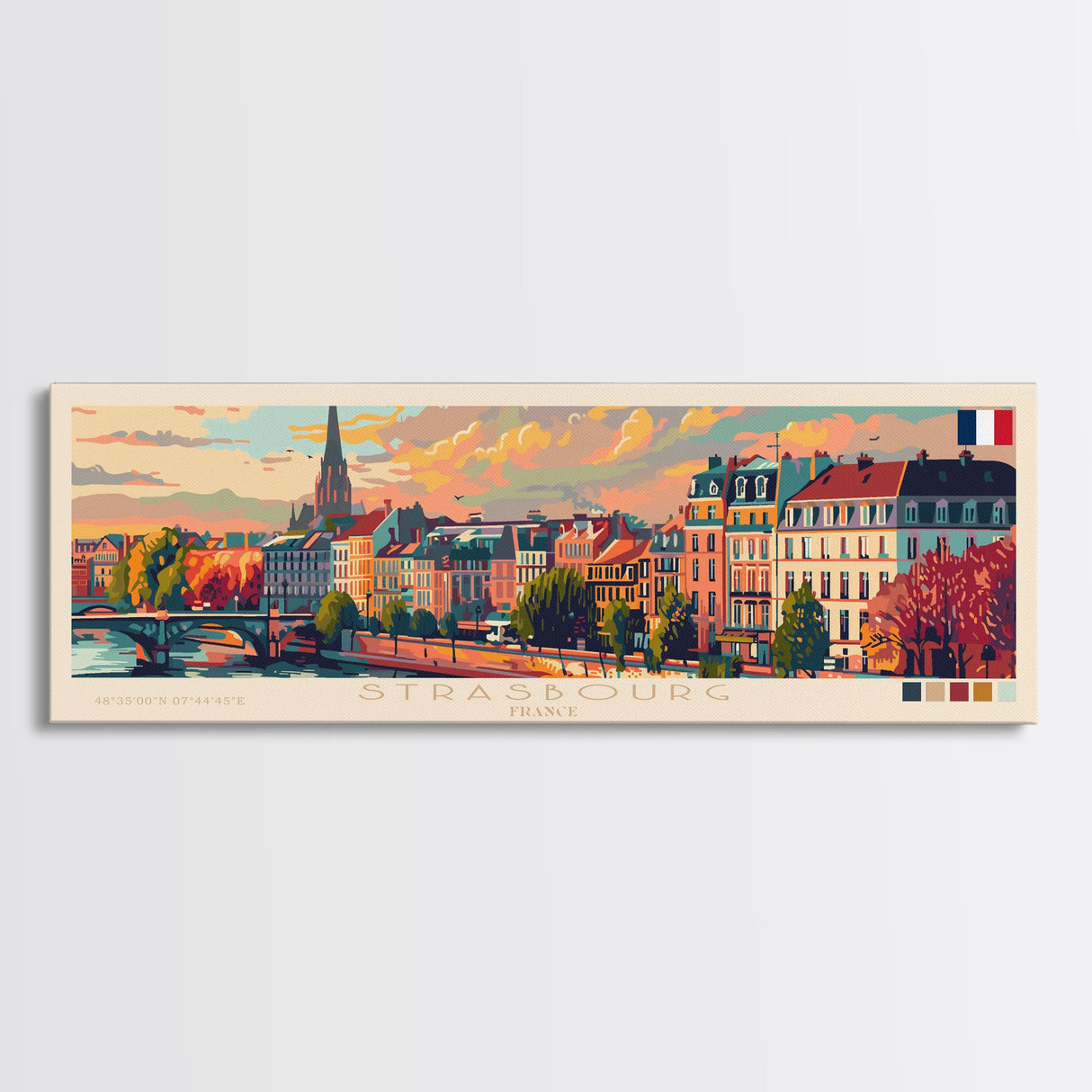 Strasbourg France Panoramic Travel Poster, Framed Canvas Print or Metal Wall Art, Travel Art, Home Decor, Panoramic Painting, Midcentury Art