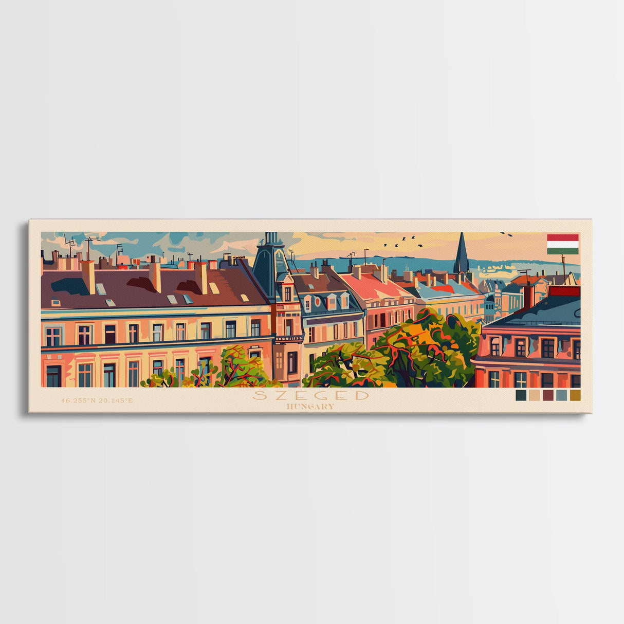 Szeged Hungary Travel Art, City Art, Framed Canvas Print or Metal Wall Art, Europe Travel Poster, Panoramic Wall Art, Extra Wide Wall Art