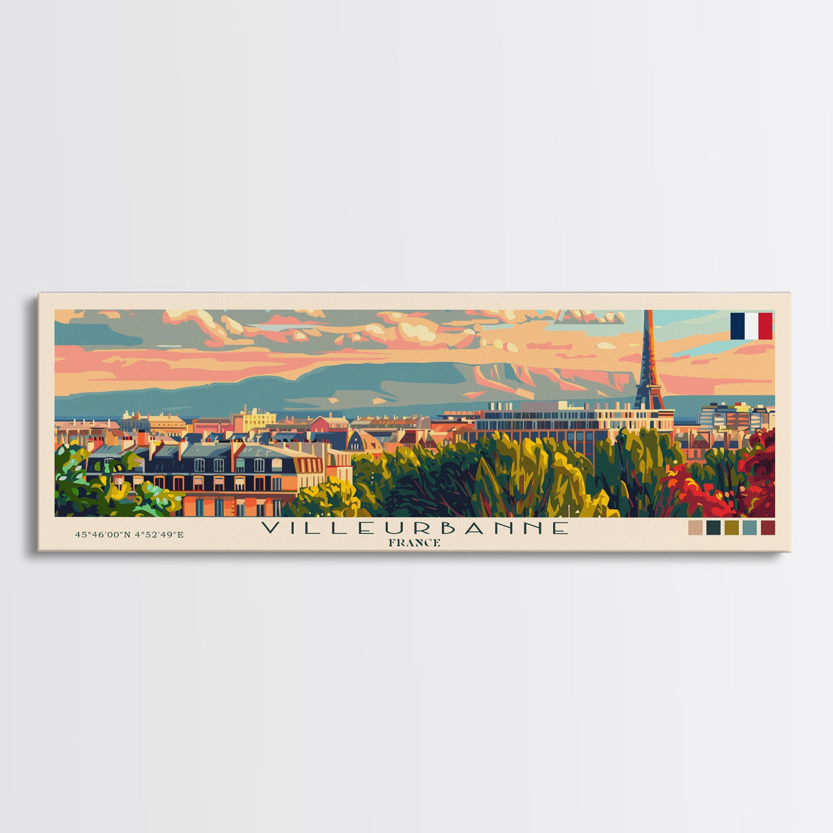 Villeurbanne France Panoramic Travel Poster, Framed Canvas Print or Metal Wall Art, Travel Art, Home Decor, Panoramic Painting, Midcentury Art