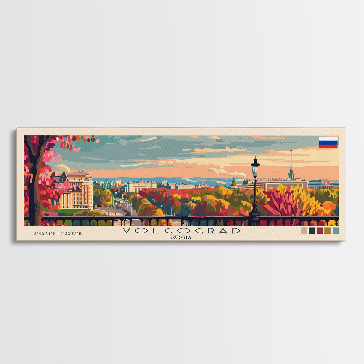 Volgograd Russia Panoramic Travel Poster, Framed Canvas Print or Metal Wall Art, Travel Art, Home Decor, Panoramic Painting, Midcentury Art