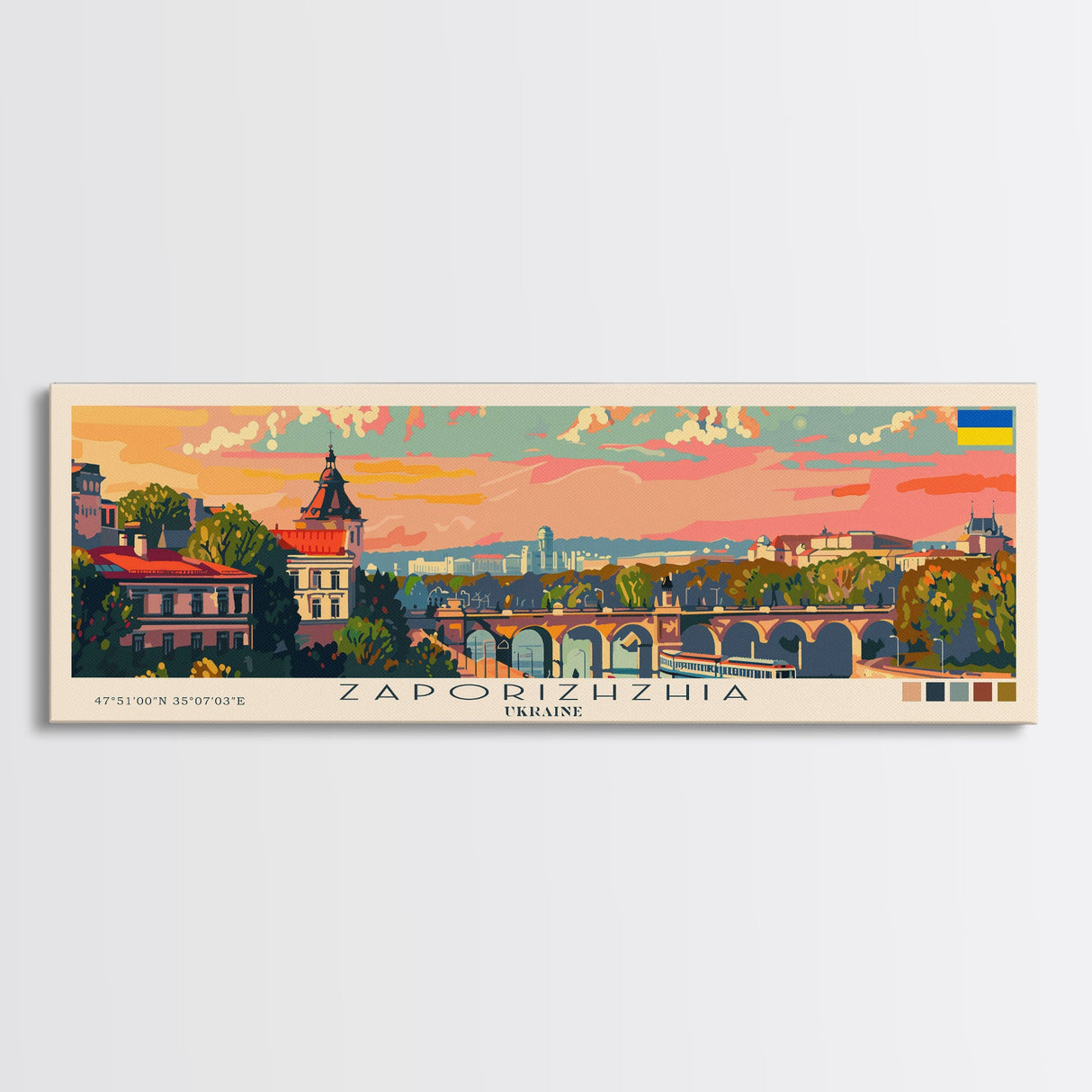 Zaporizhzhia Ukraine Panoramic Travel Poster, Framed Canvas Print or Metal Wall Art, Travel Art, Home Decor, Panoramic Painting, Midcentury Art