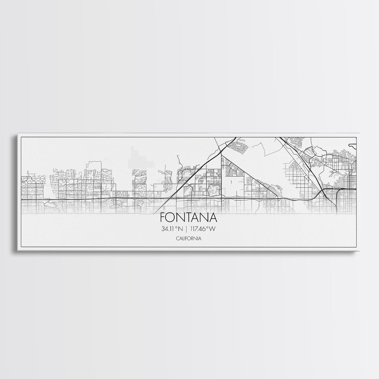 Panoramic Fontana City Map, California Art, Map Print, Minimalist Wall Art, Canvas Art, Housewarming Gift, Street Map Art, Closing Gift