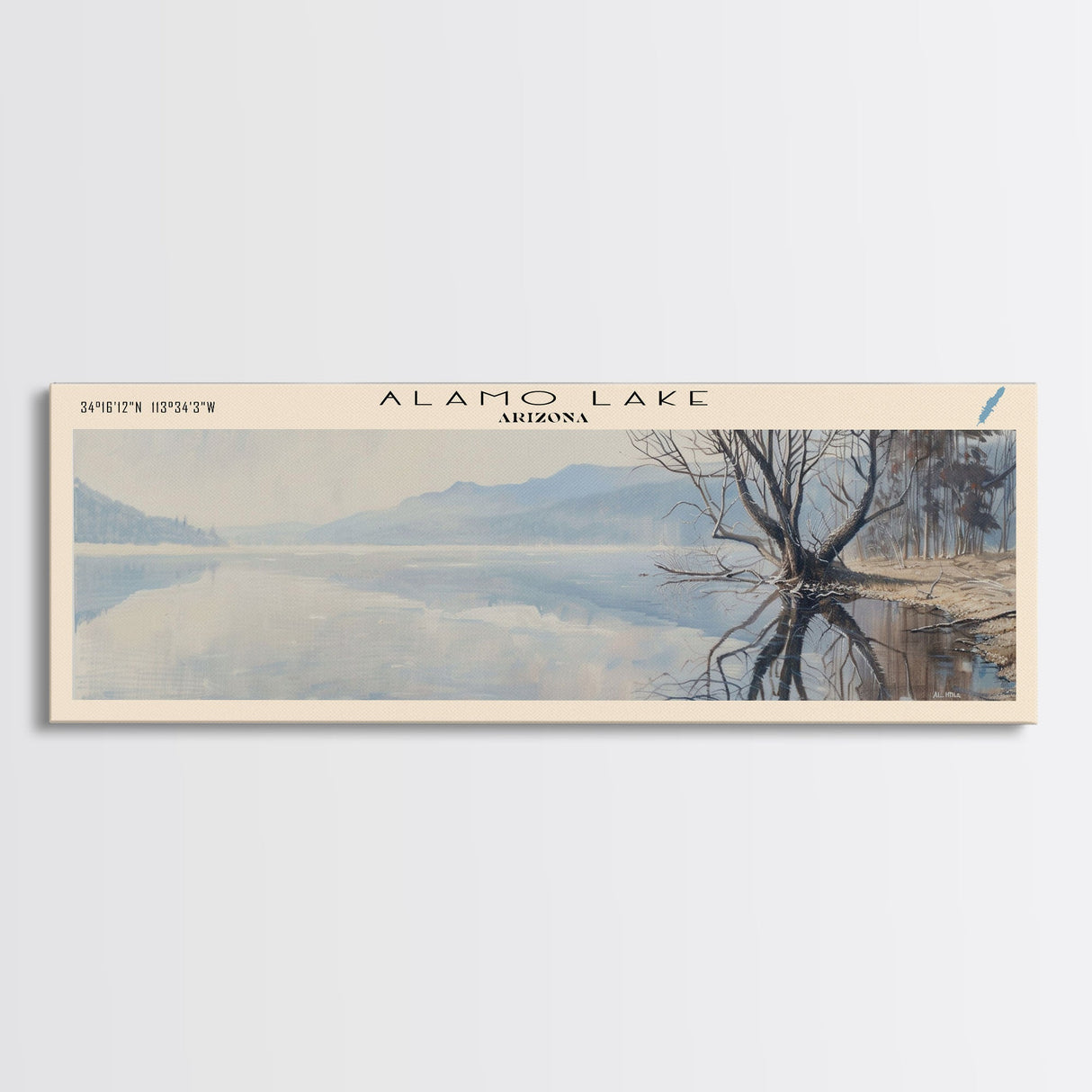 Alamo Lake Arizona Panoramic Framed Canvas Print, Lake House Decor, Minimalist Art, Travel Poster, Wood Wall Art, Scenic Painting