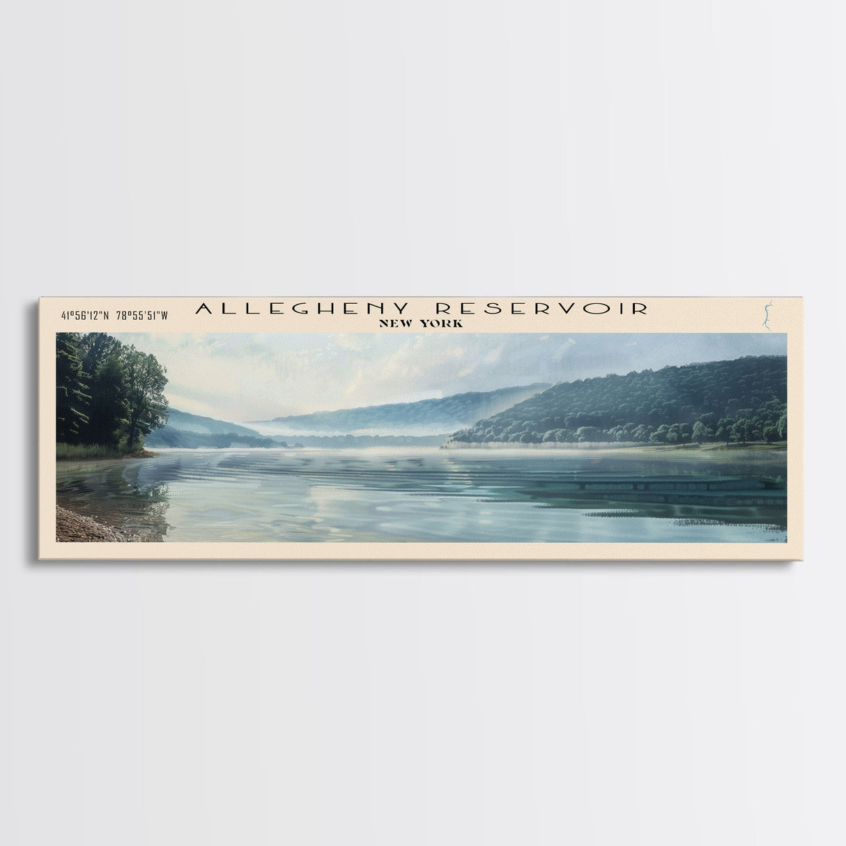 Allegheny Reservoir New York Panoramic Framed Canvas Print, Lake House Decor, Abstract Landscape, Travel Poster, Modern Wall Art, Calm Waters