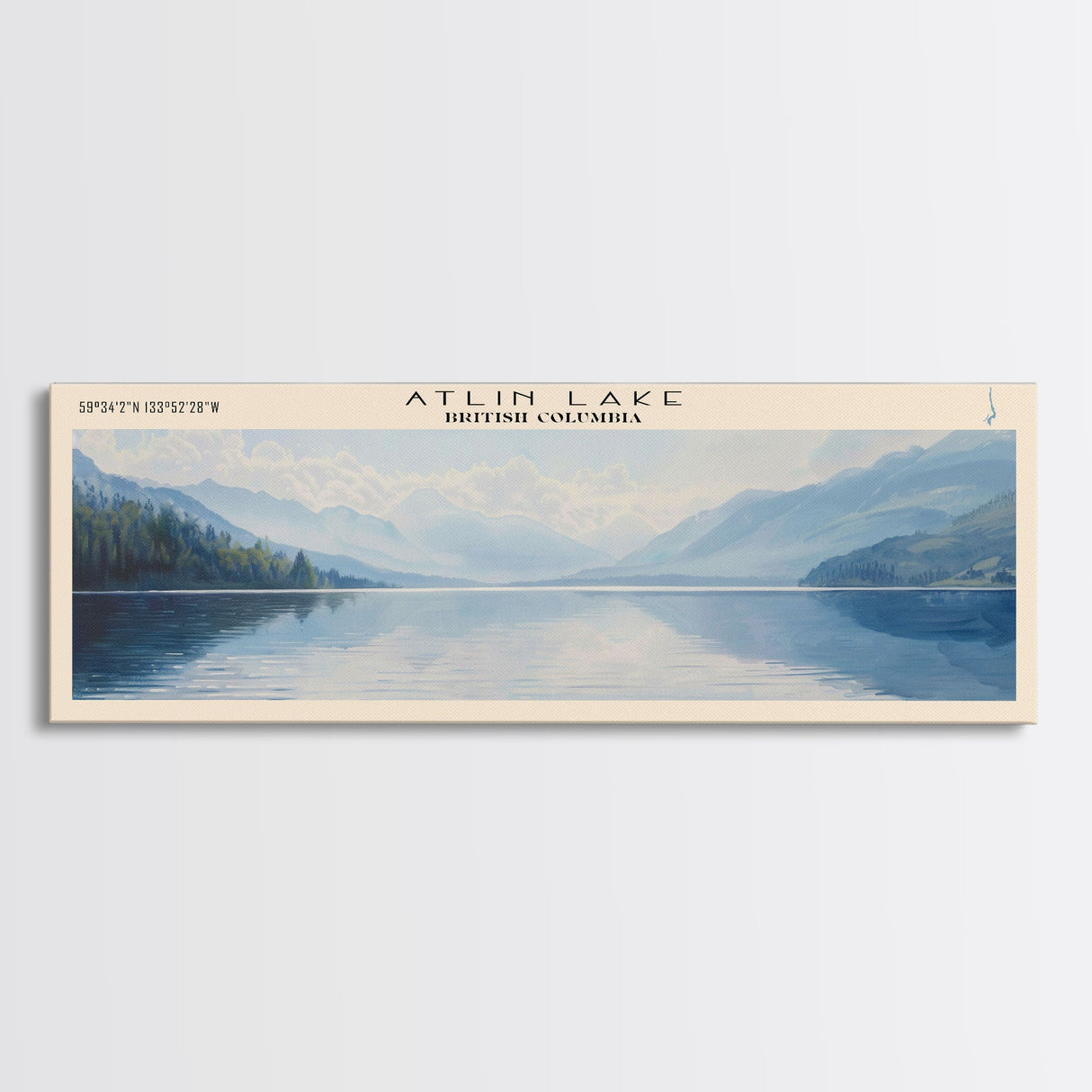 Atlin Lake Panoramic Framed Canvas Print, Lake House Decor, Minimalist Art, Travel Poster, Scenic View, Nature Wall Art