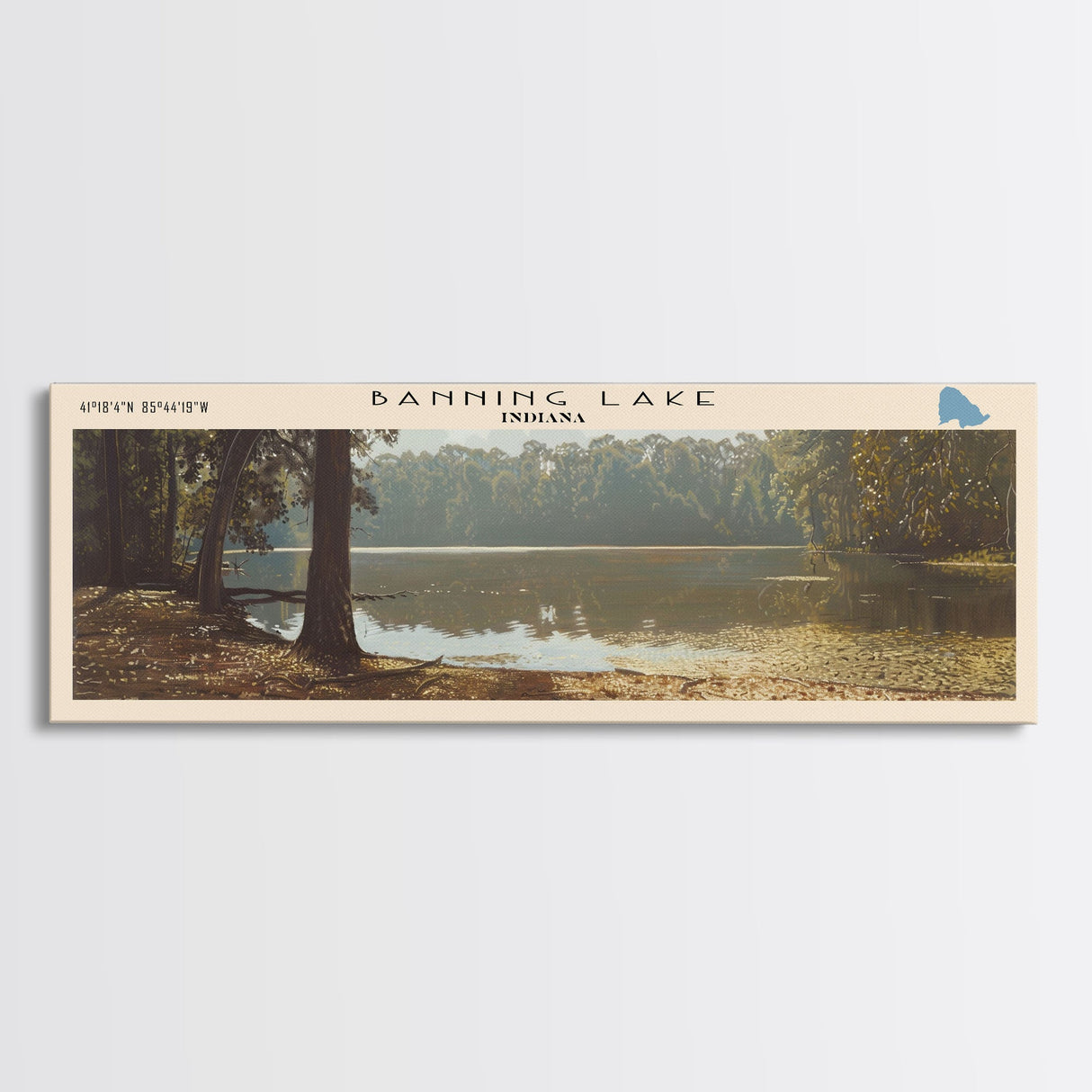 Banning Lake Indiana Framed Canvas Print, Lake House Decor, Panoramic Scenic Painting, Travel Poster, Rustic Art, Nature Wall Art