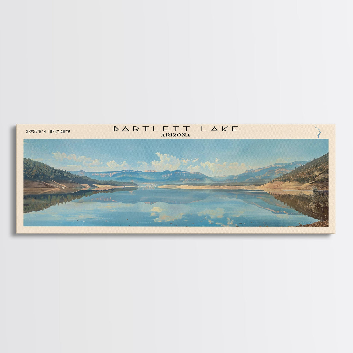 Bartlett Lake Arizona Framed Canvas Print, Panoramic Lake House Art, Scenic Painting, Travel Poster, Minimalist Wall Art, Home Decor