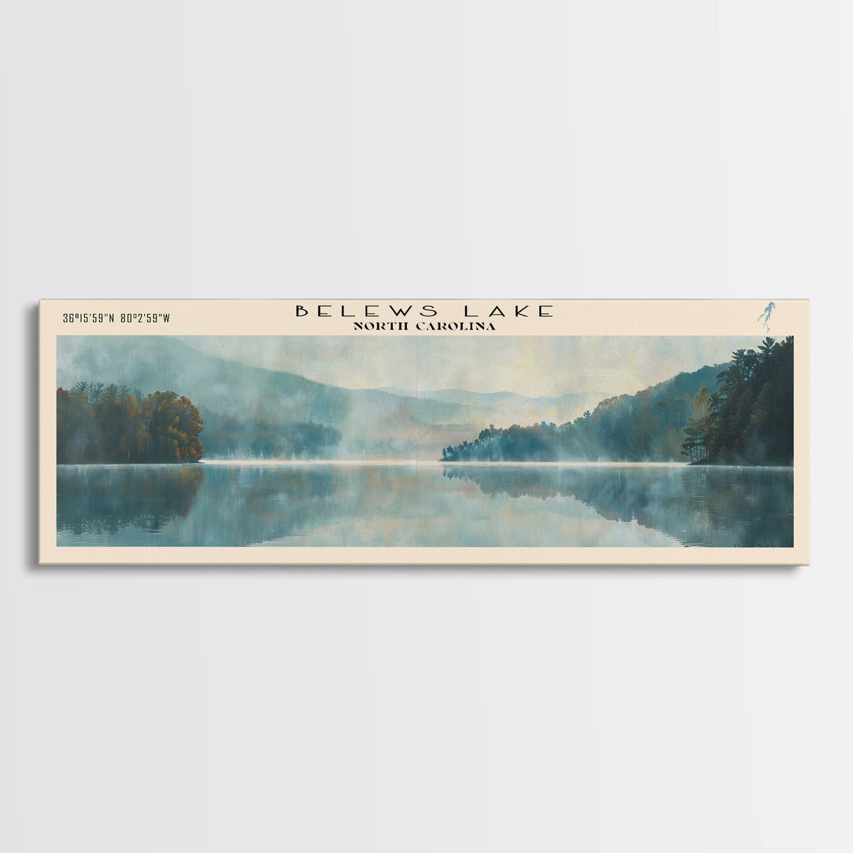 Belews Lake North Carolina Panoramic Framed Canvas Print, Lake House Decor, Scenic View, Travel Poster, Minimalist Art, Home Decor