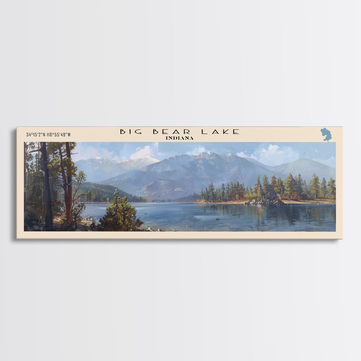 Big Bear Lake California Panoramic Framed Canvas Print, Lake House Decor, Scenic View, Travel Poster, Modern Art, Nature Wall Art