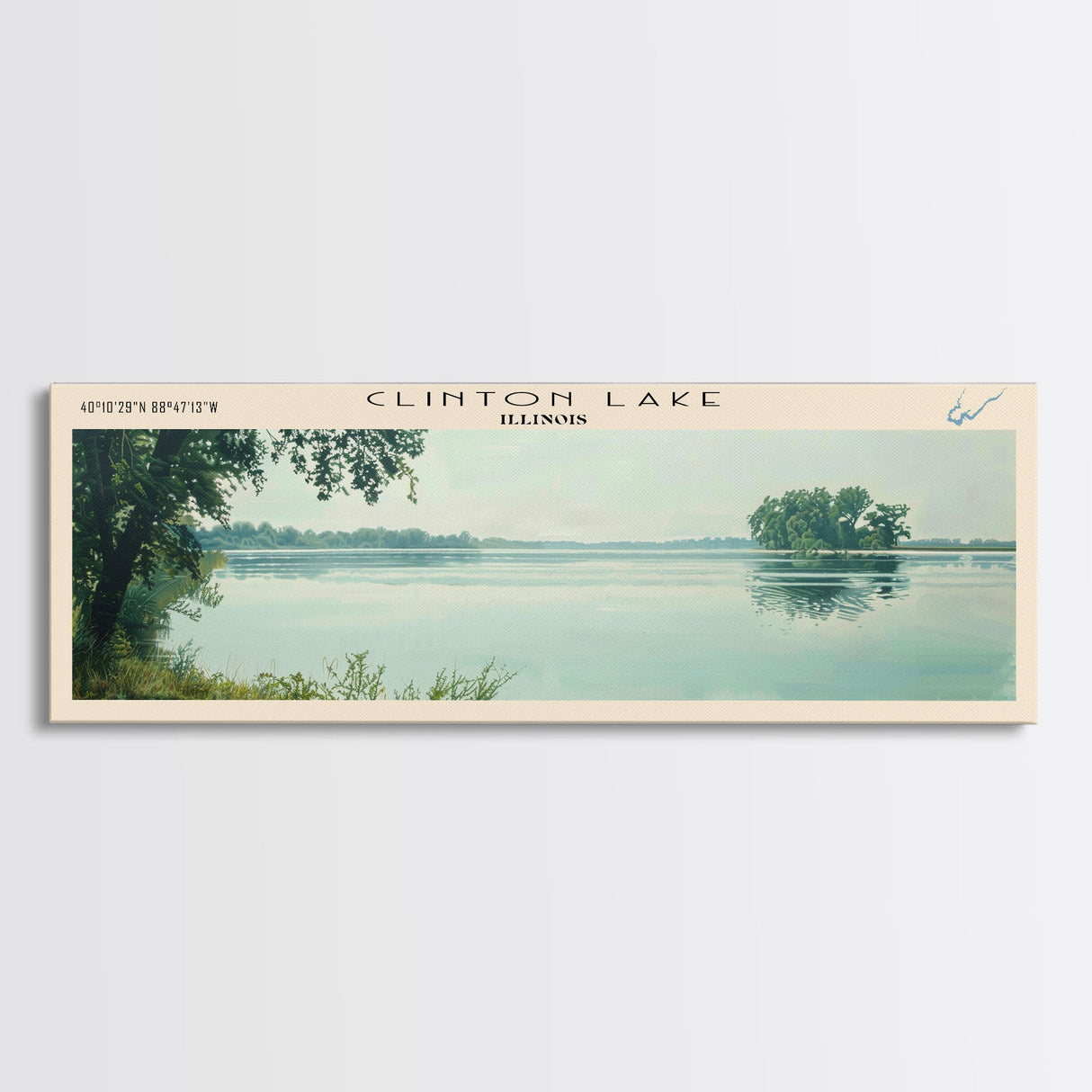 Clinton Lake Illinois Framed Canvas Print, Panoramic Lake House Decor, Wide Wall Art, Travel Poster, Rustic Lake Painting, Nature Art