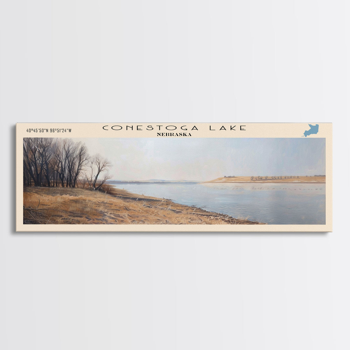 Conestoga Lake Nebraska Framed Canvas Print, Panoramic Lake House Decor, Wide Wall Art, Travel Poster, Modern Lake Painting, Nature Art