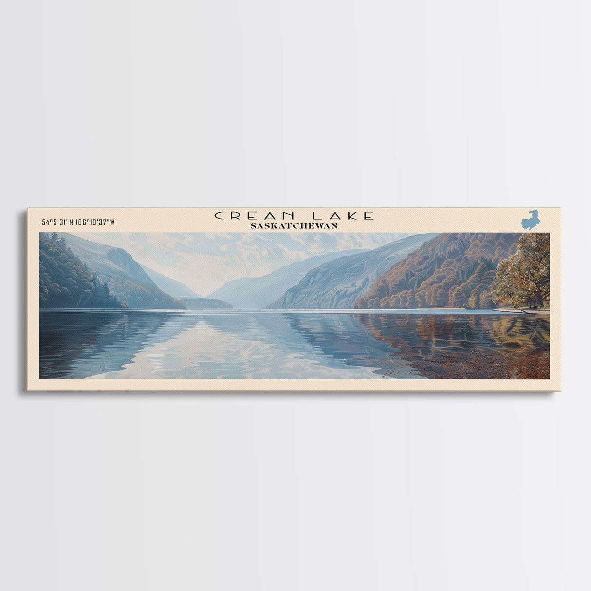 Crean Lake Framed Canvas Print, Lake House Decor, Panoramic Wall Art, Travel Poster, Rustic Lake Painting, Nature Art