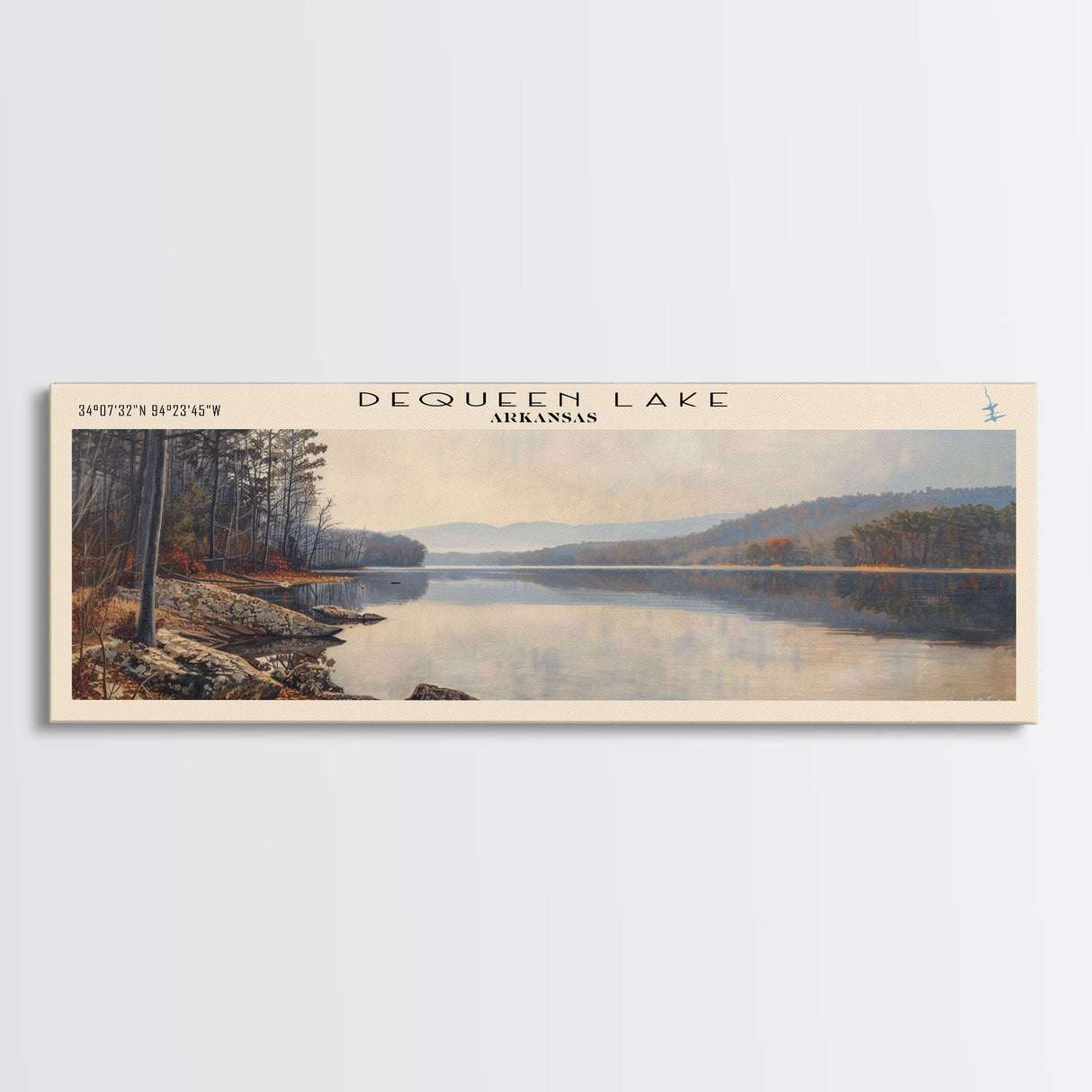 DeQueen Lake Arkansas Framed Canvas Print, Lake House Art, Panoramic Wall Art, Travel Poster, Rustic Lake Painting, Home Decor