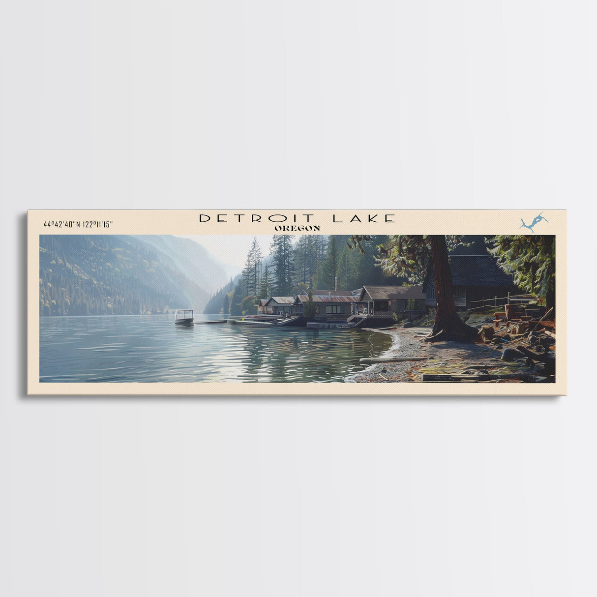 Detroit Lake Oregon Framed Canvas Print, Lake House Decor, Panoramic Wall Art, Travel Poster, Rustic Lake Painting, Nature Art