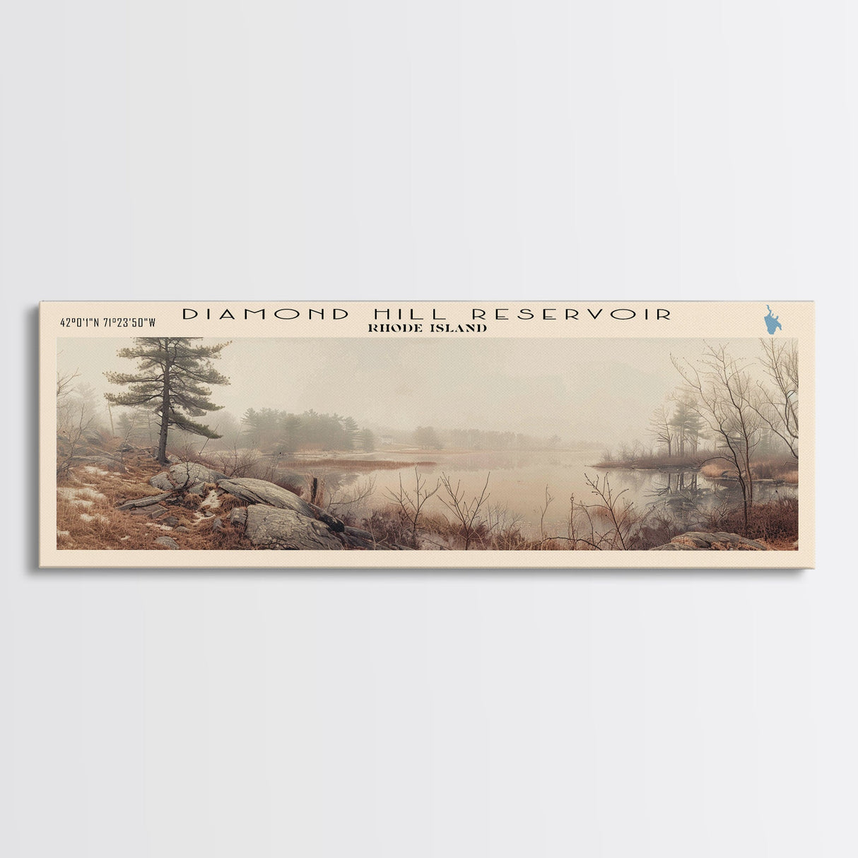 Diamond Hill Reservoir Rhode Island Framed Canvas Print, Panoramic Lake House Decor, Wall Art, Travel Poster, Rustic Lake Painting, Nature Art