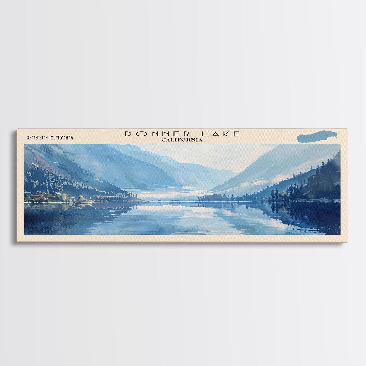 Donner Lake California Framed Canvas Print, Lake House Decor, Panoramic Wall Art, Travel Poster, Modern Lake Painting, Nature Art