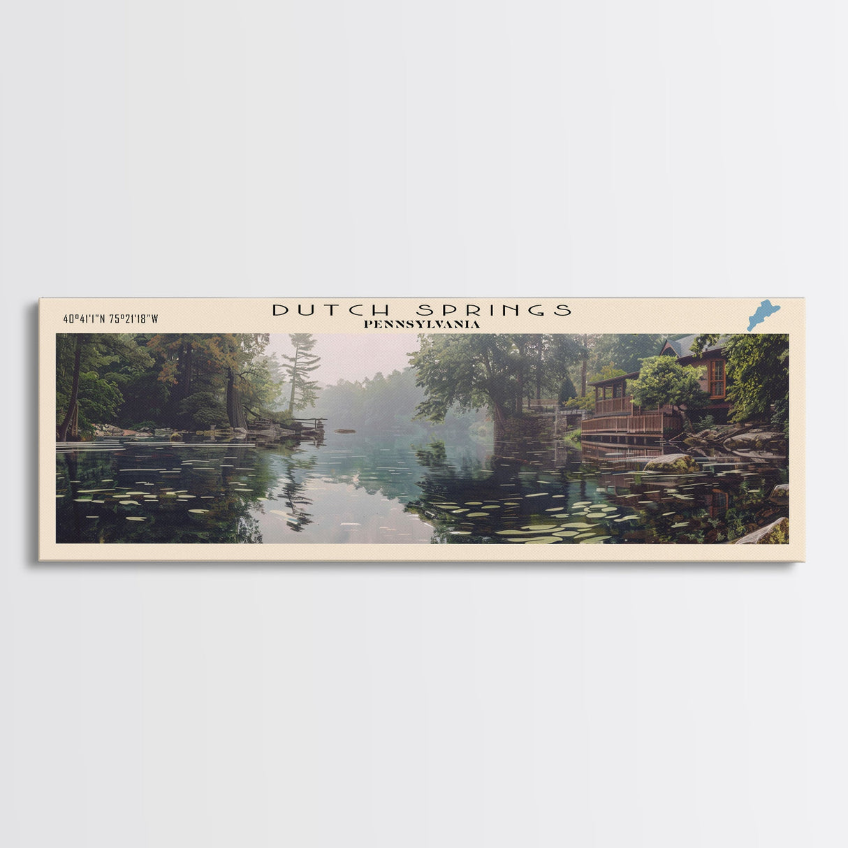 Dutch Springs Pennsylvania Framed Canvas Print, Lake House Art, Panoramic Wall Art, Travel Poster, Rustic Lake Painting, Home Decor