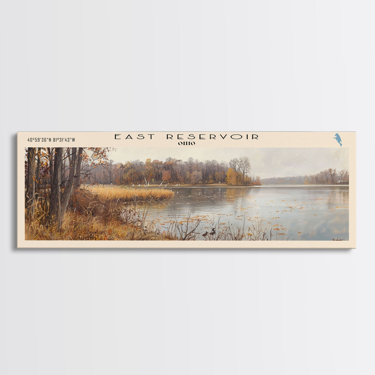 East Reservoir Ohio Framed Canvas Print, Lake House Art, Panoramic Wall Art, Travel Poster, Modern Lake Painting, Nature Art