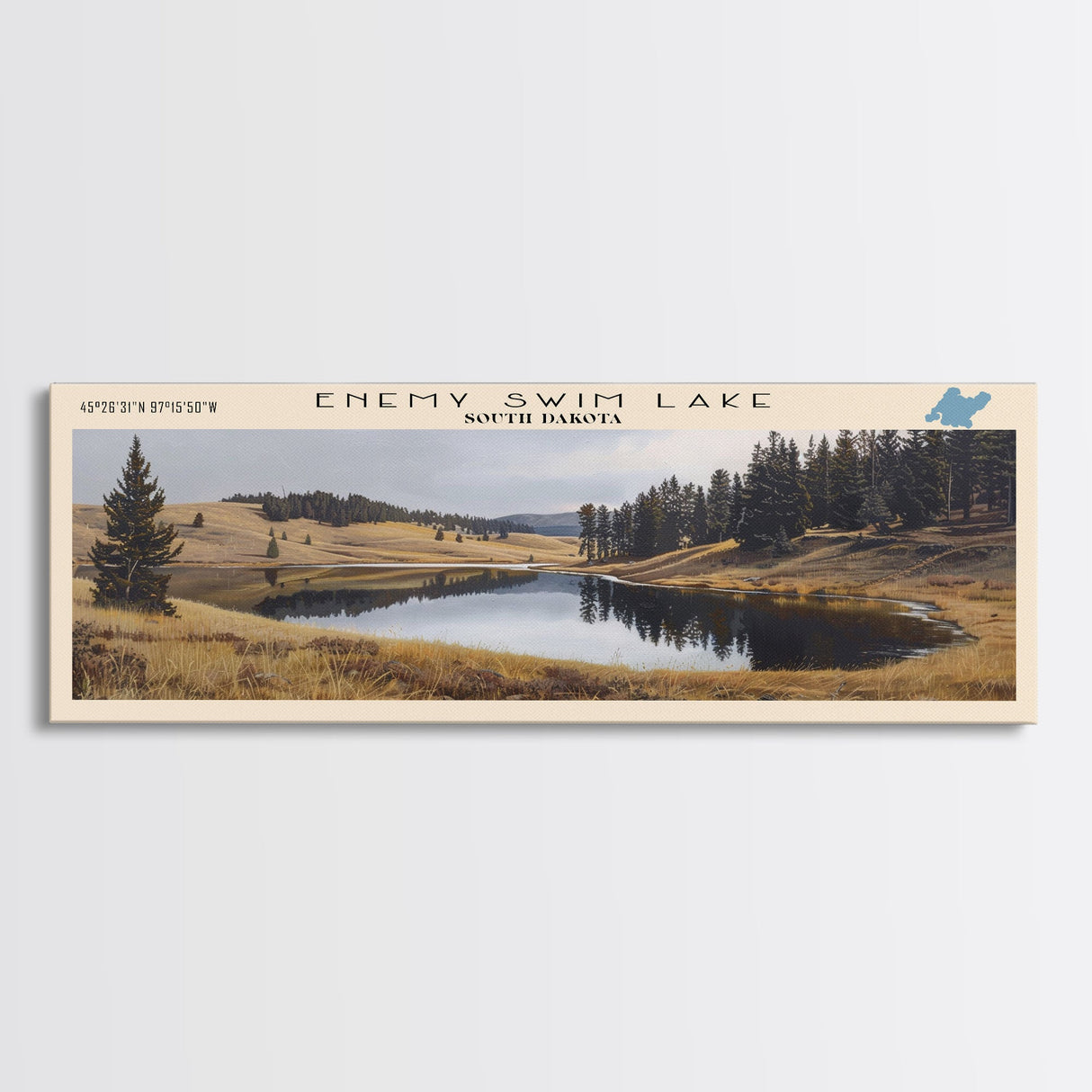 Enemy Swim Lake South Dakota Framed Canvas Print, Lake House Decor, Panoramic Wall Art, Travel Poster, Rustic Lake Painting, Home Decor