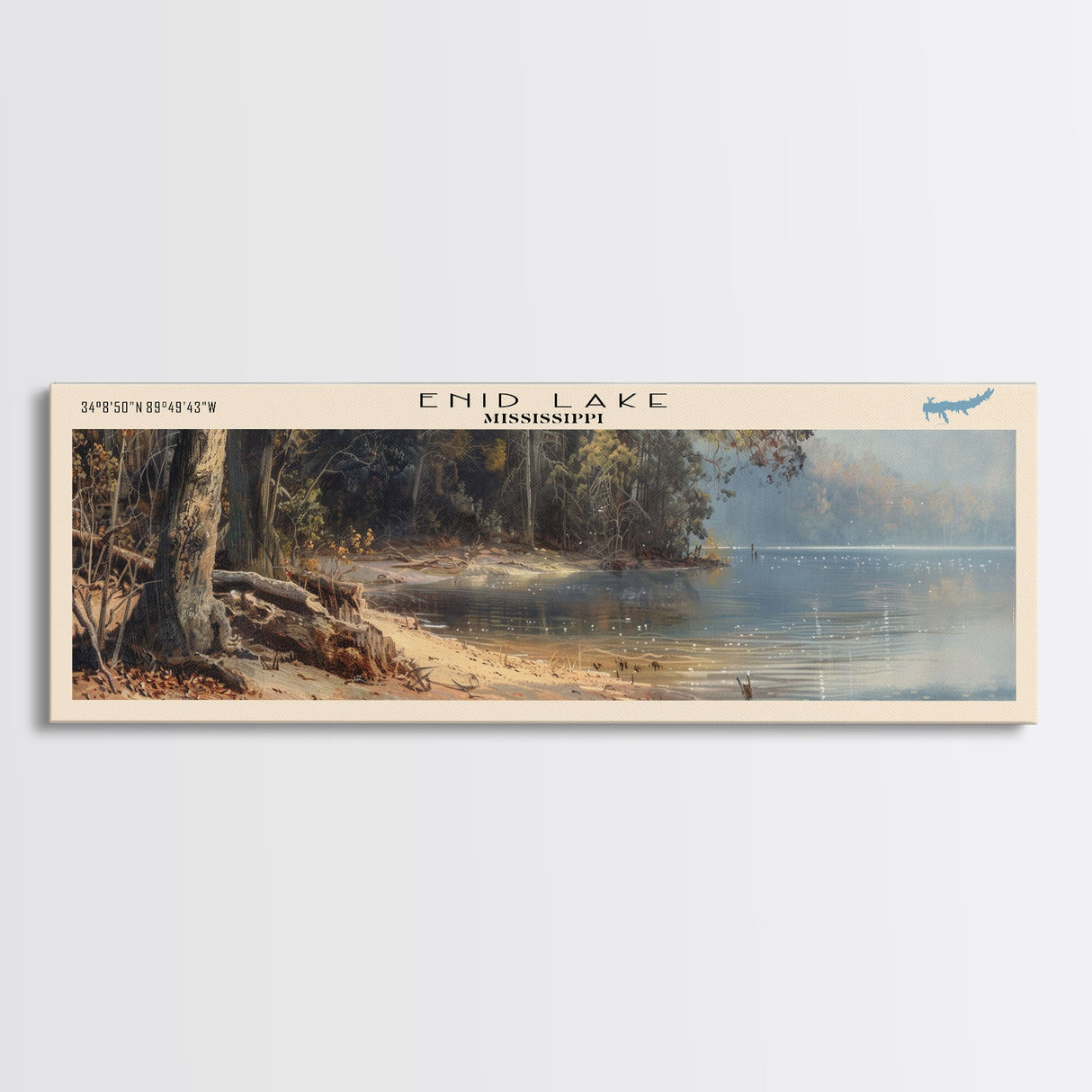 Enid Lake Mississippi Framed Canvas Print, Lake House Decor, Panoramic Wall Art, Travel Poster, Modern Lake Painting, Nature Art