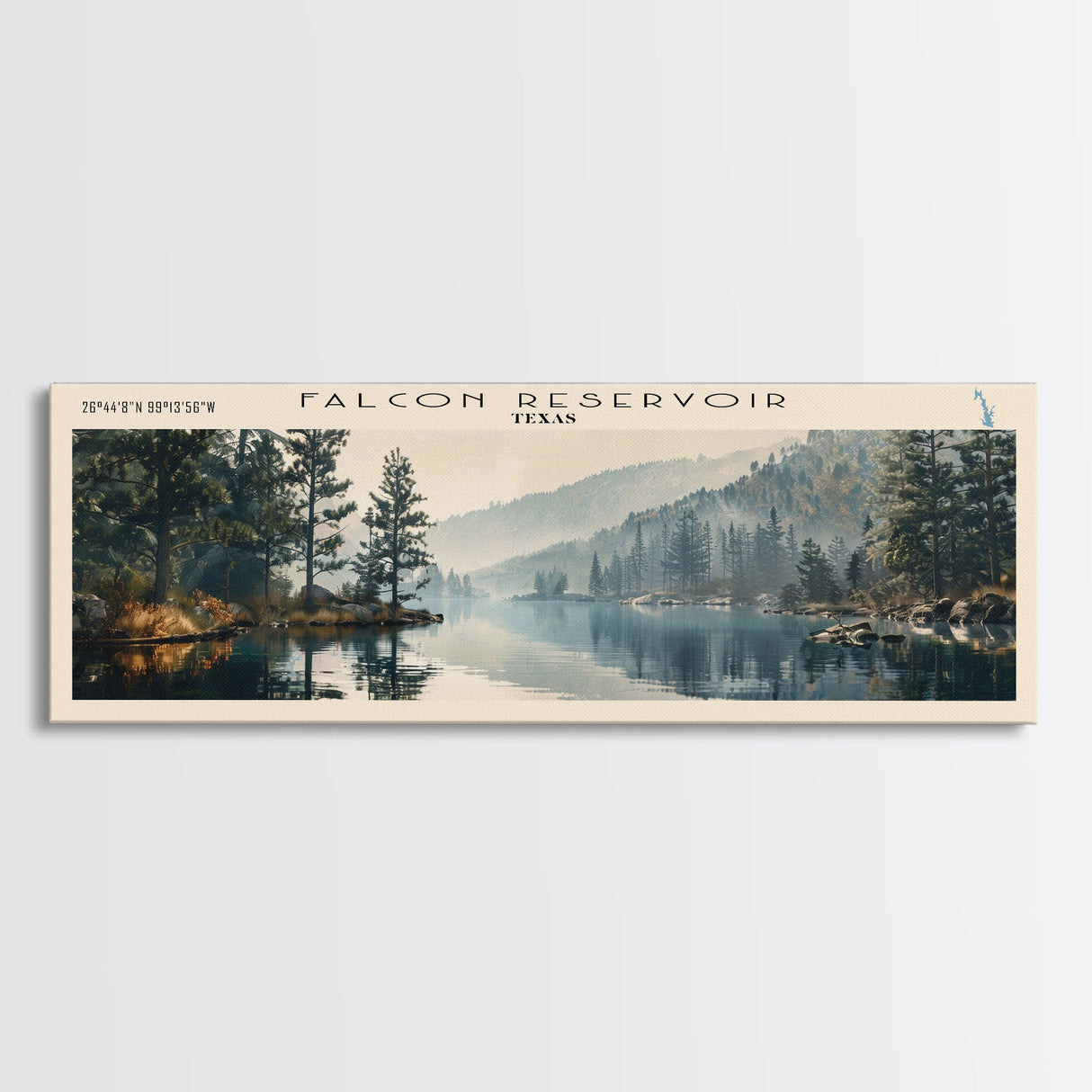 Falcon International Reservoir Framed Canvas Print, Lake House Decor, Panoramic Wall Art, Travel Poster, Modern Lake Painting, Nature Art