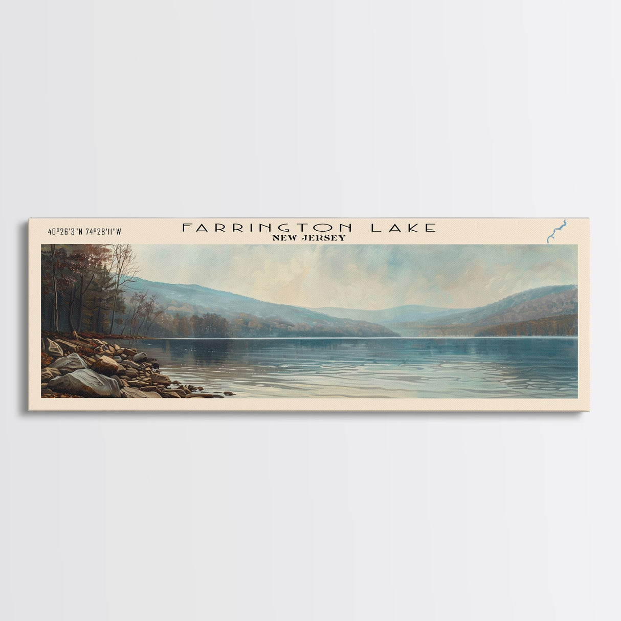 Farrington Lake New Jersey Framed Canvas Print, Lake House Decor, Panoramic Wall Art, Travel Poster, Modern Lake Painting, Nature Art