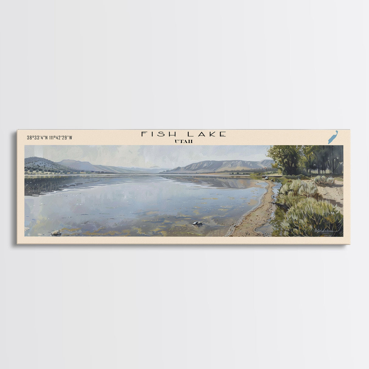 Fish Lake Utah Framed Canvas Print, Panoramic Lake House Decor, Wall Art, Travel Poster, Tranquil Lake Painting, Nature Art