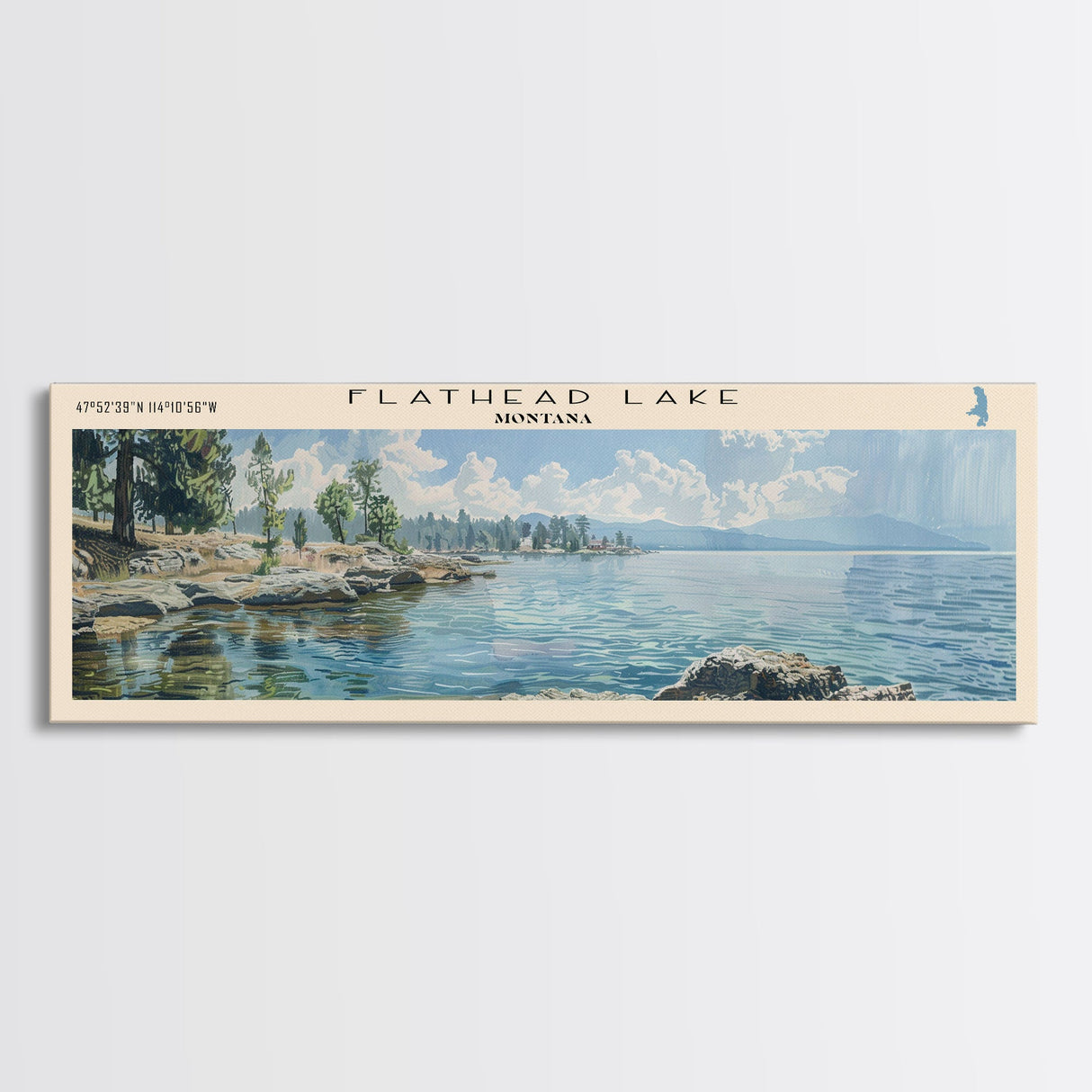 Flathead Lake Montana Framed Canvas Print, Lake House Art, Panoramic Wall Art, Travel Poster, Captivating Lake Painting, Home Decor