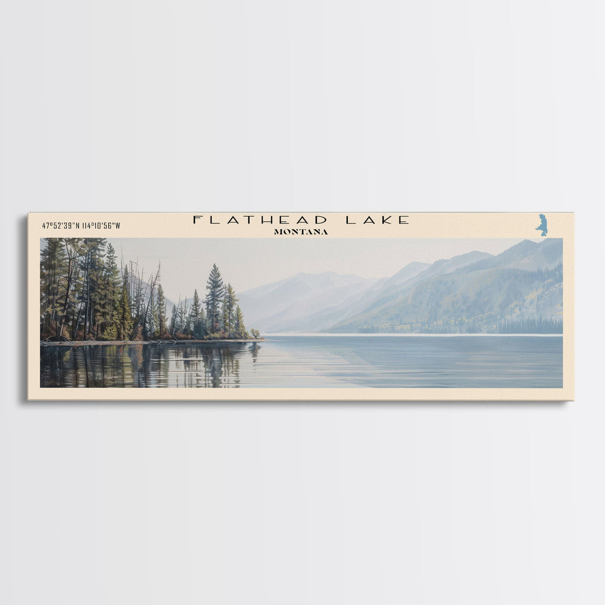 Flathead Lake Framed Canvas Print, Lake House Decor, Panoramic Wall Art, Travel Poster, Picturesque Lake Painting, Nature Art