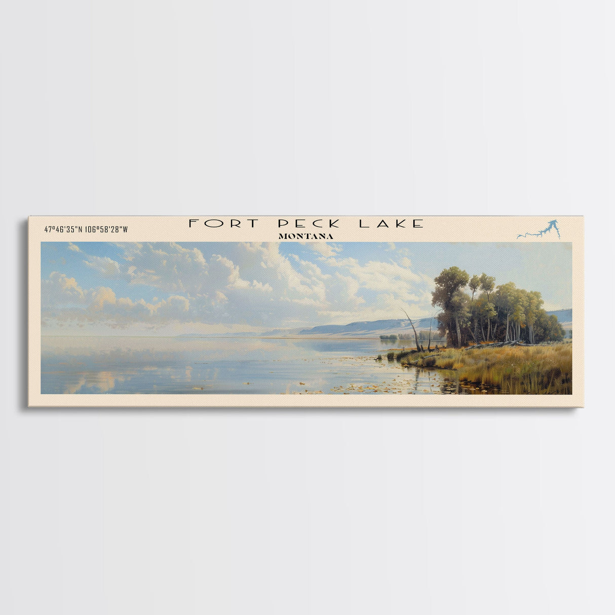 Fort Peck Lake Montana Framed Canvas Print, Lake House Art, Panoramic Wall Art, Travel Poster, Serene Lake Painting, Home Decor