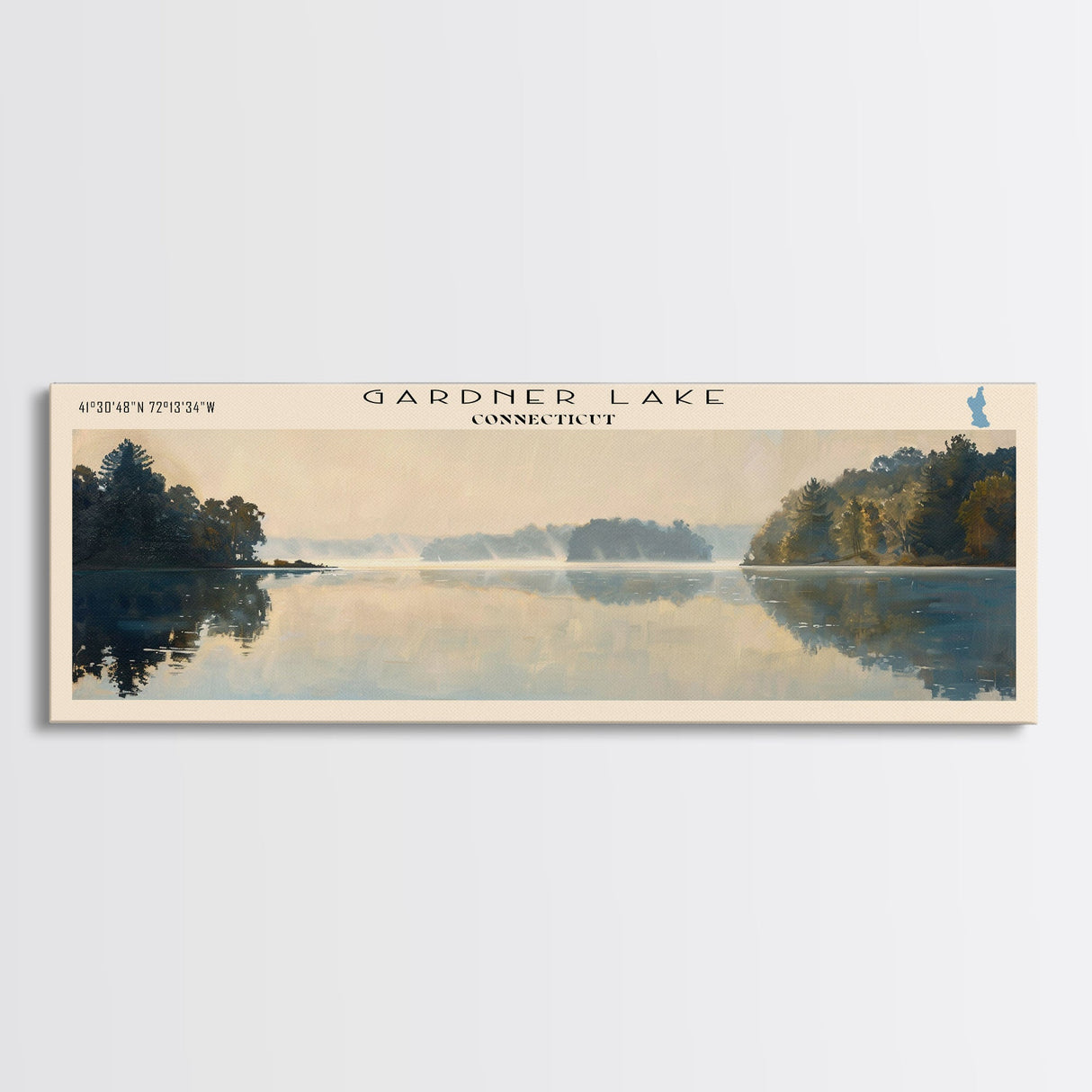 Gardner Lake Connecticut Framed Canvas Print, Lake House Art, Panoramic Wall Art, Travel Poster, Tranquil Lake Painting, Home Decor