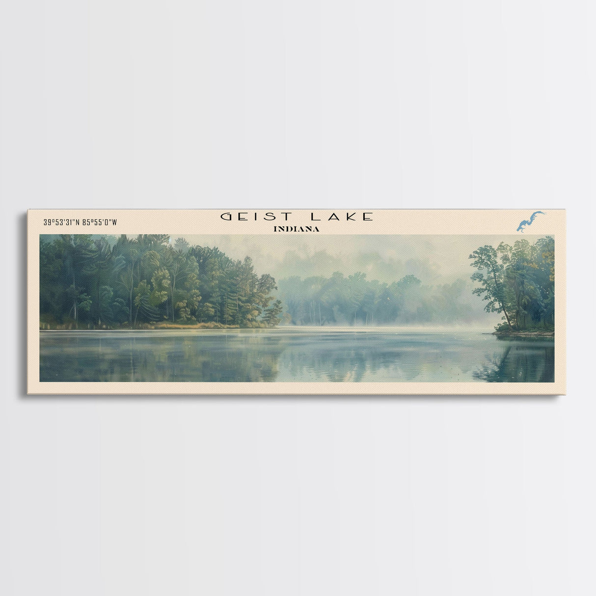 Geist Lake Indiana Framed Canvas Print, Panoramic Lake House Decor, Wall Art, Travel Poster, Peaceful Lake Painting, Nature Art