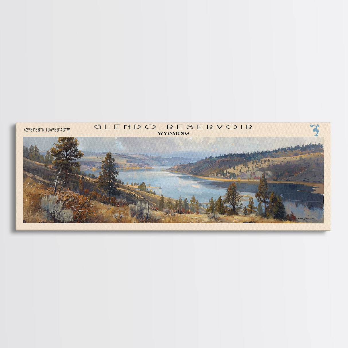 Glendo Reservoir Wyoming Framed Canvas Print, Panoramic Lake House Decor, Wall Art, Travel Poster, Beautiful Lake Painting, Nature Art