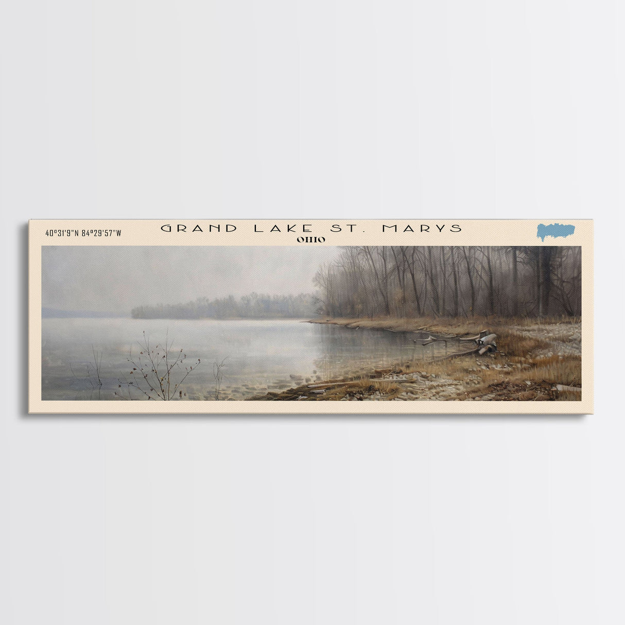 Grand Lake St. Marys Ohio Framed Canvas Print, Lake House Art, Panoramic Wall Art, Travel Poster, Captivating Lake Painting, Home Decor