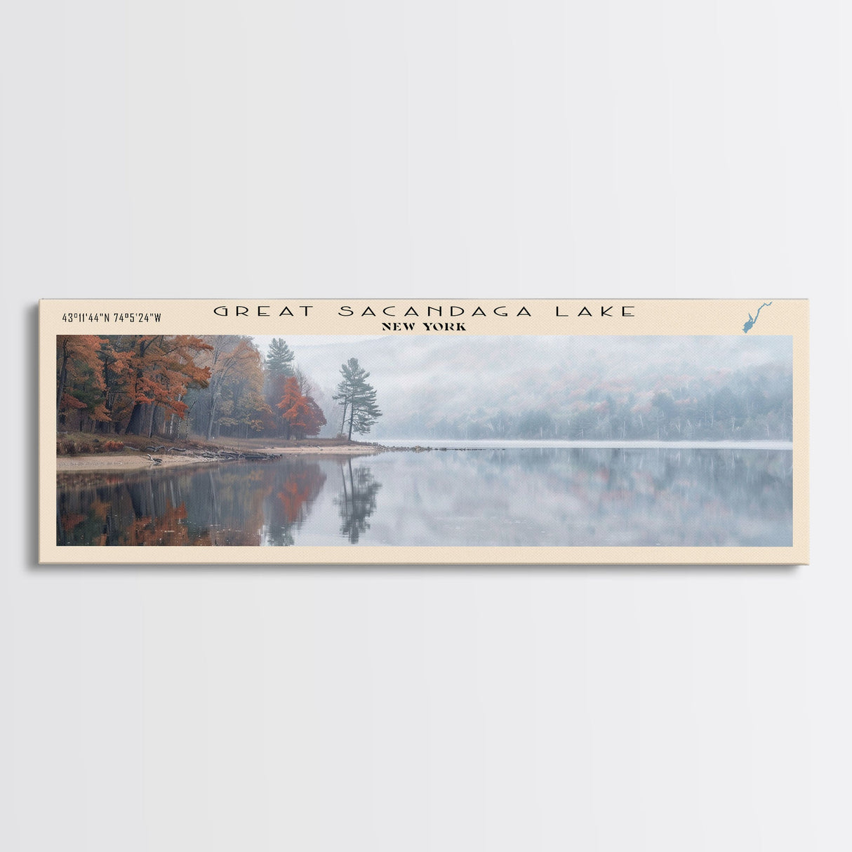 Great Sacandaga Lake Framed Canvas Print, Lake House Art, Panoramic Wall Art, Travel Poster, Serene Lake Painting, Home Decor