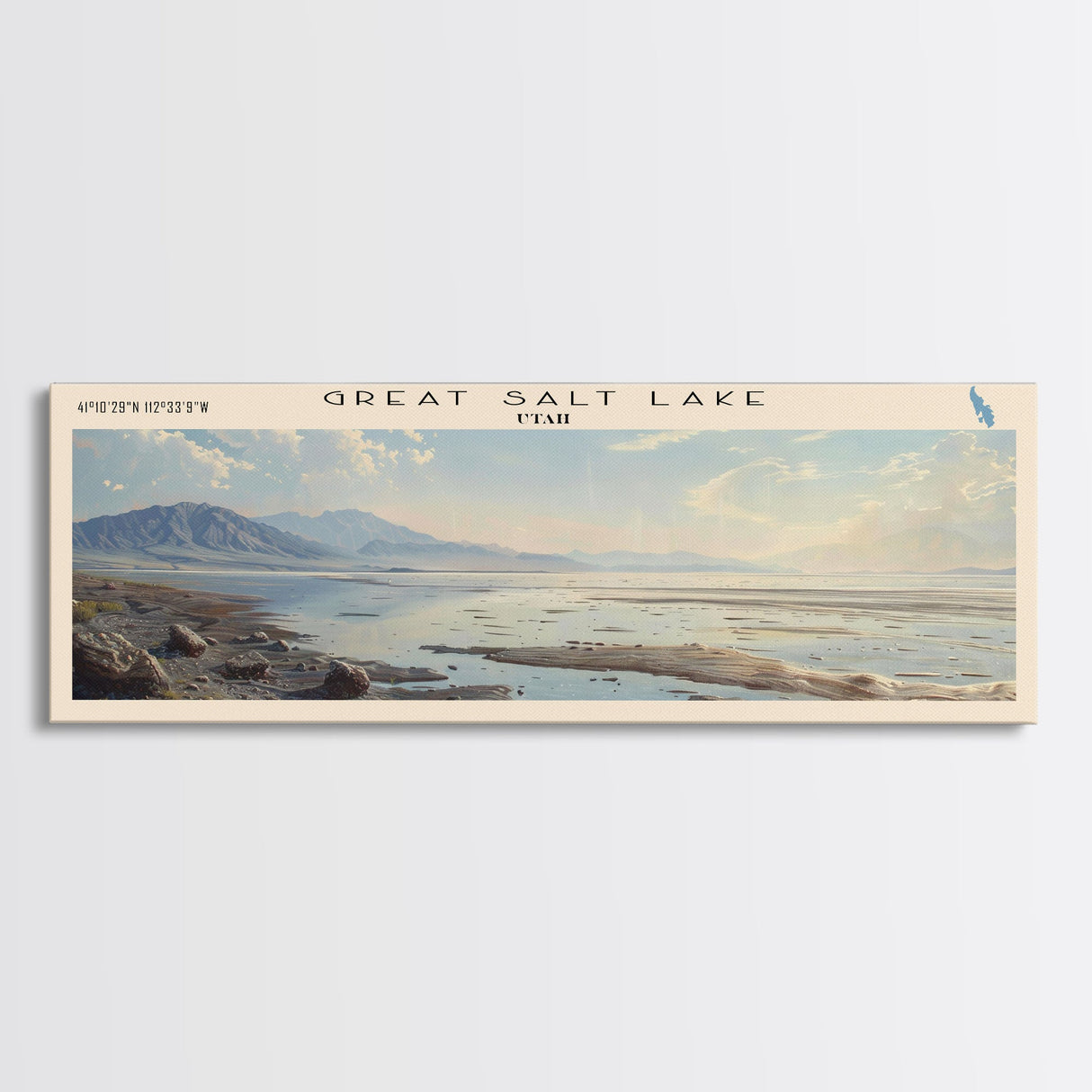 Great Salt Lake Framed Canvas Print, Panoramic Lake House Decor, Wall Art, Travel Poster, Vibrant Lake Painting, Nature Art