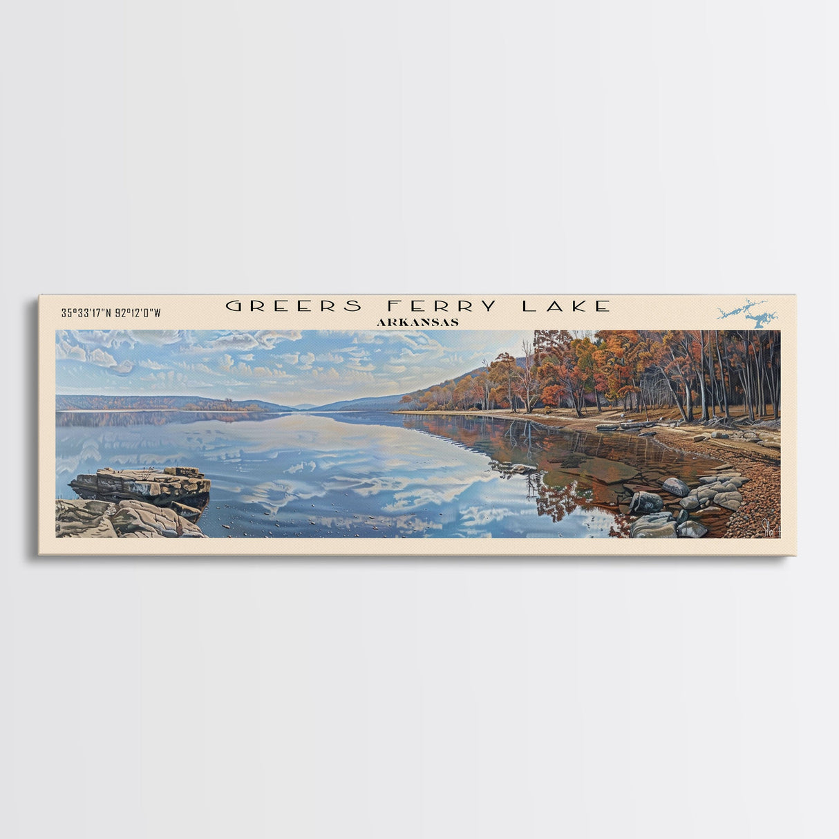 Greers Ferry Lake Arkansas Framed Canvas Print, Panoramic Lake House Decor, Wall Art, Travel Poster, Beautiful Lake Painting, Nature Art