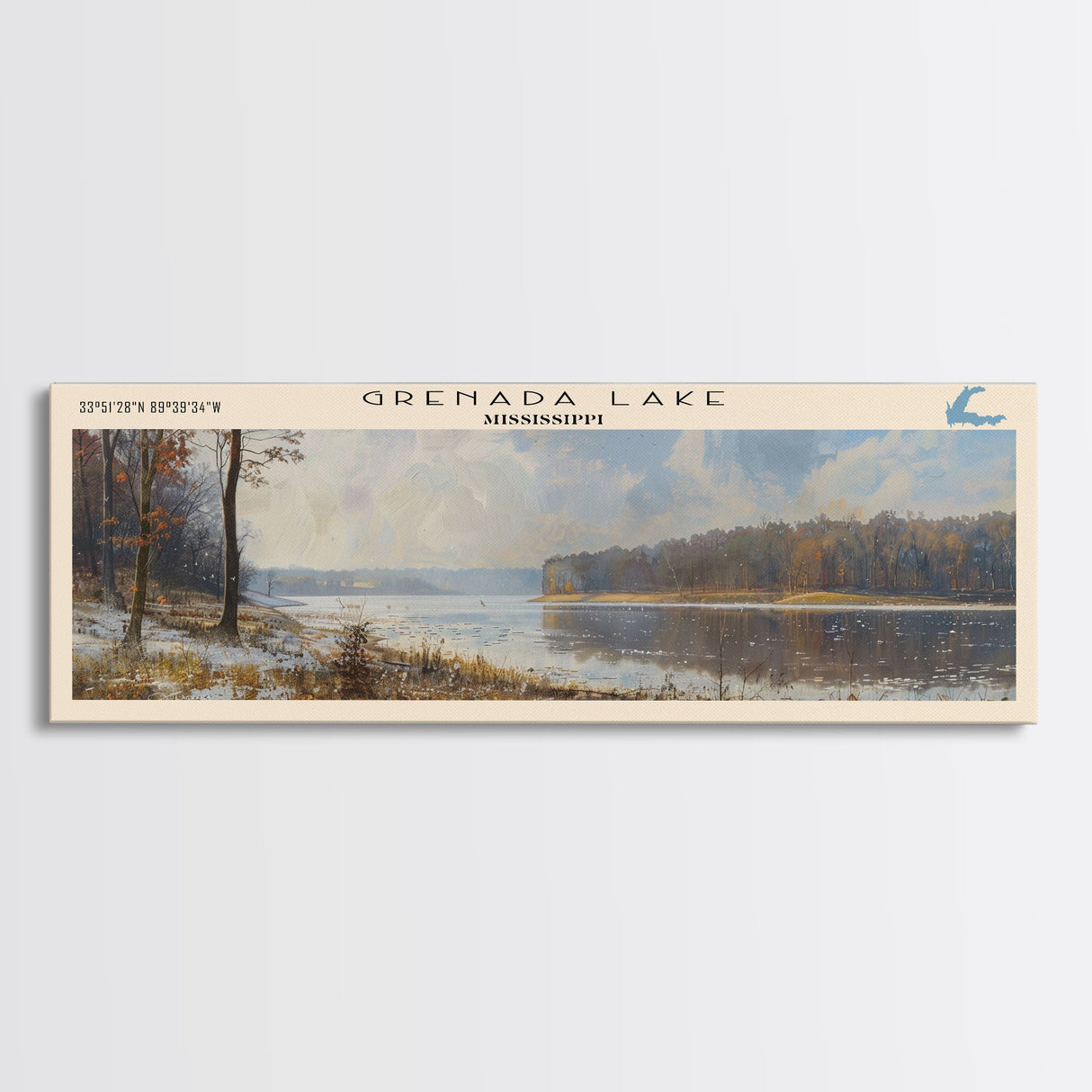 Grenada Lake Mississippi Framed Canvas Print, Lake House Art, Panoramic Wall Art, Travel Poster, Picturesque Lake Painting, Home Decor