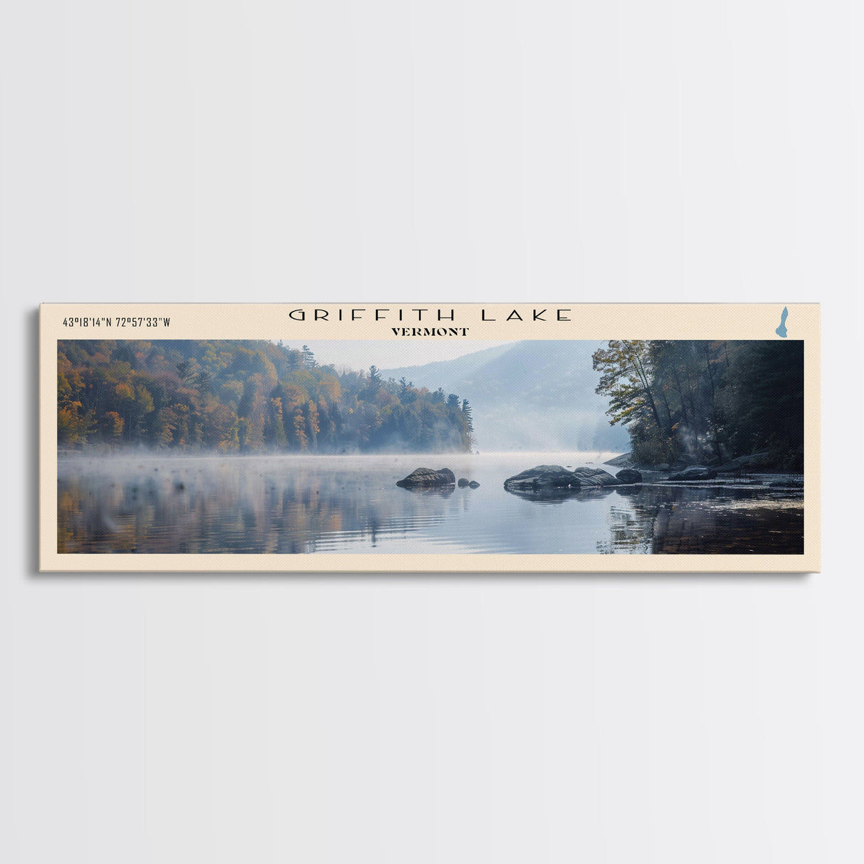 Griffith Lake Vermont Framed Canvas Print, Lake House Decor, Panoramic Wall Art, Travel Poster, Beautiful Lake Painting, Nature Art